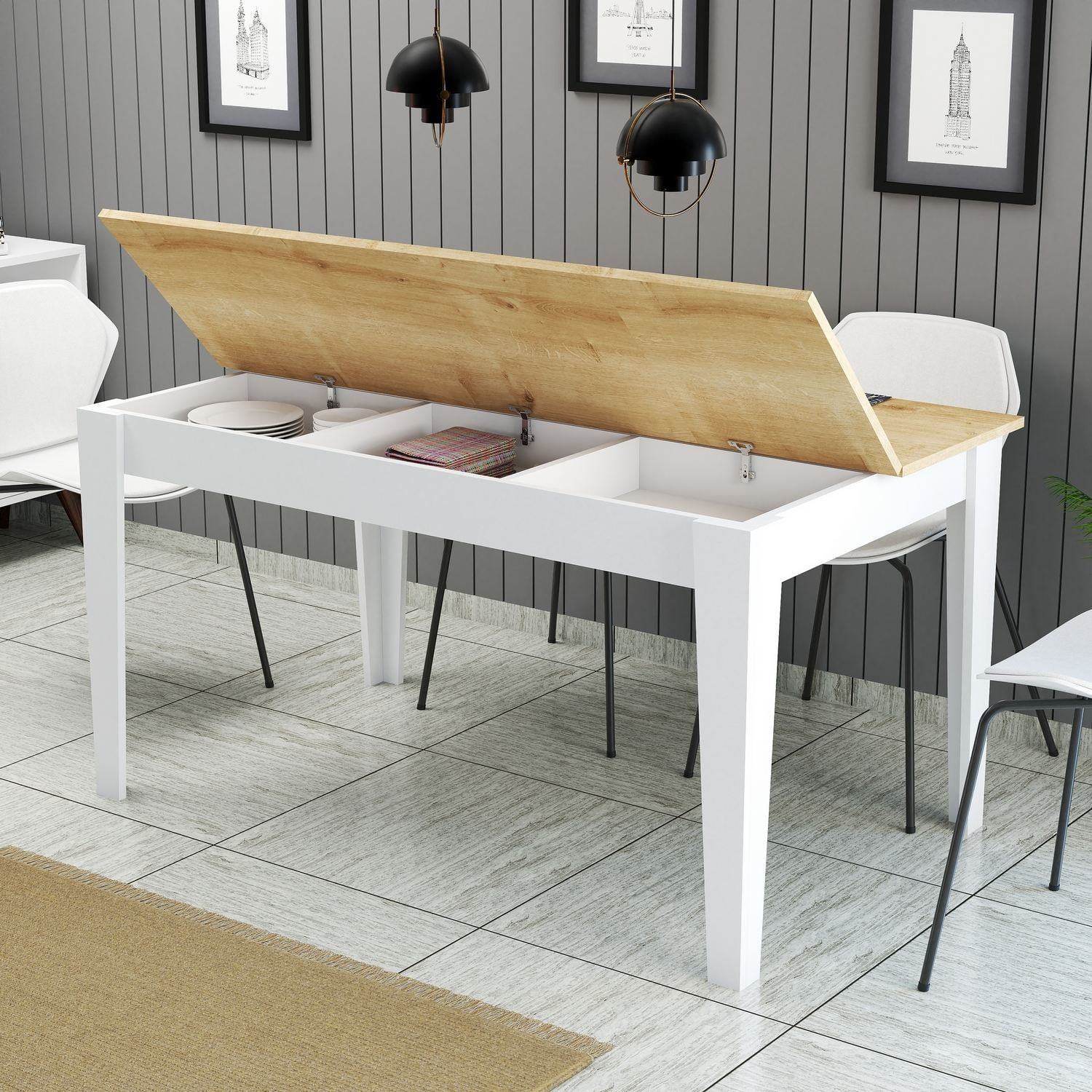 Masa dining Milan 896, 145 x 75 x 88 cm, PAL melaminat, alb / stejar — imaginea 5