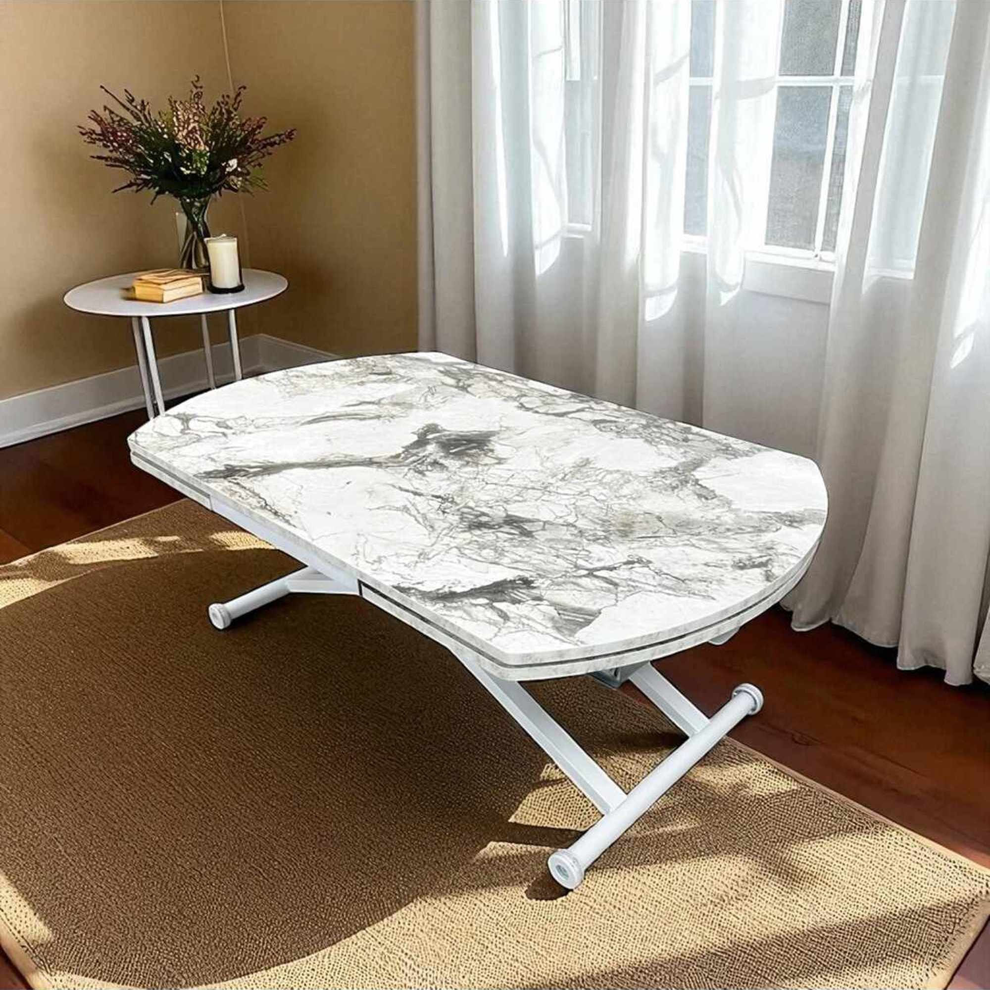 Masa dining Yan Yari Oval, alb marmura alb, MDF, capacitate 125 kg, alb marble / alb — imaginea 6