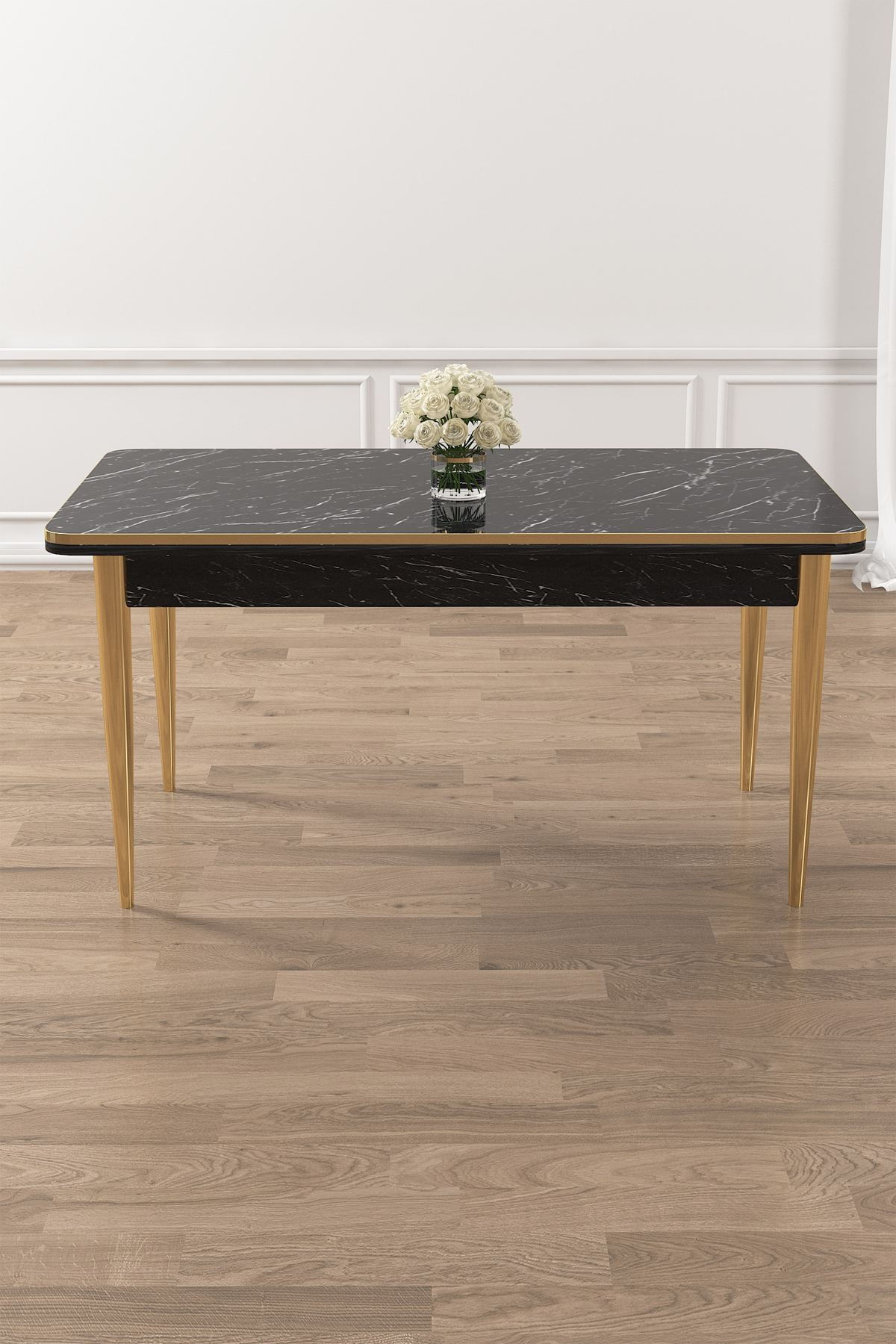 Masa dining Rewa, 110 x 76 x 70 cm, negru marmura auriu, PAL — imaginea 2