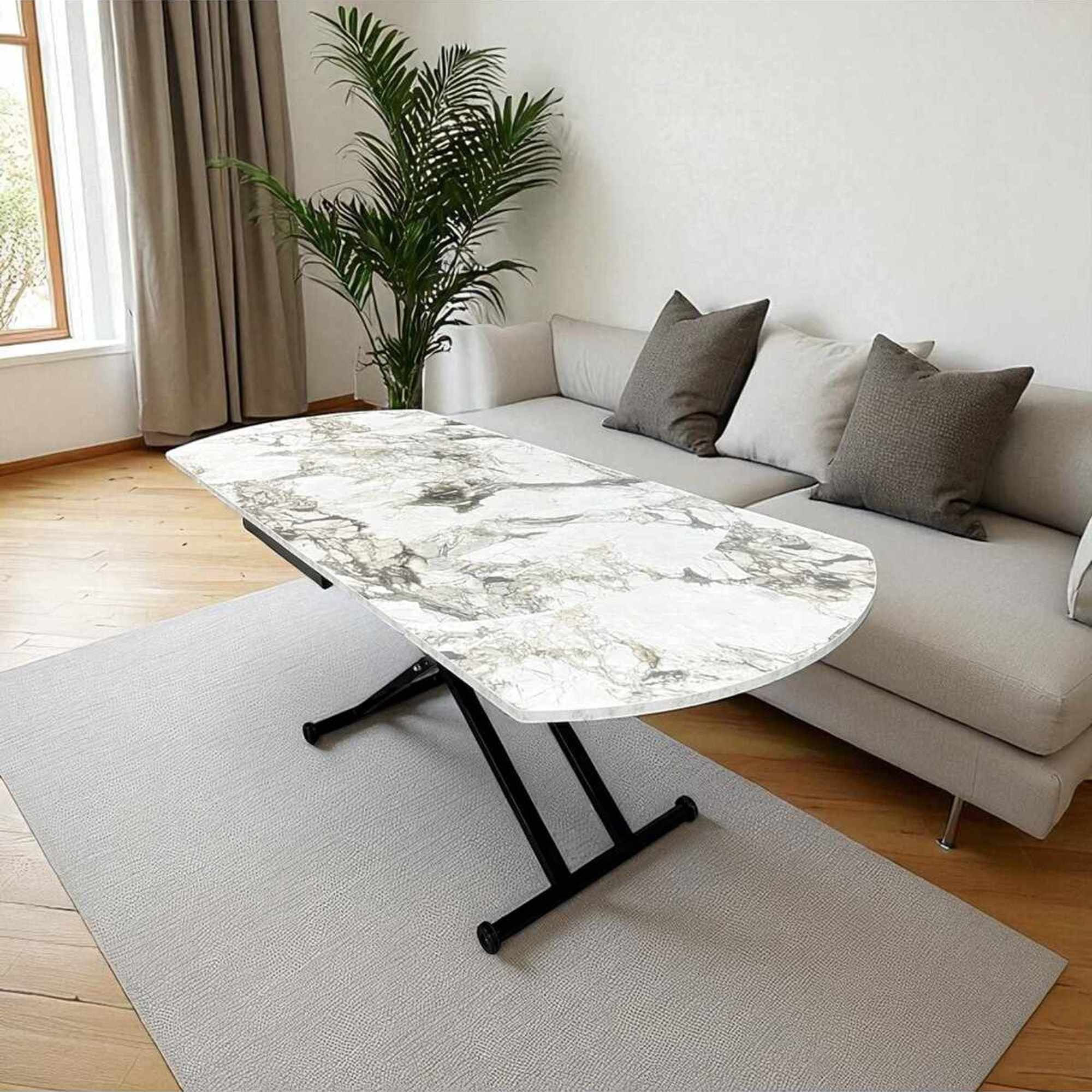 Masa dining Yan Yari Oval, alb marmura negru, MDF, capacitate 125 kg, alb marble / negru