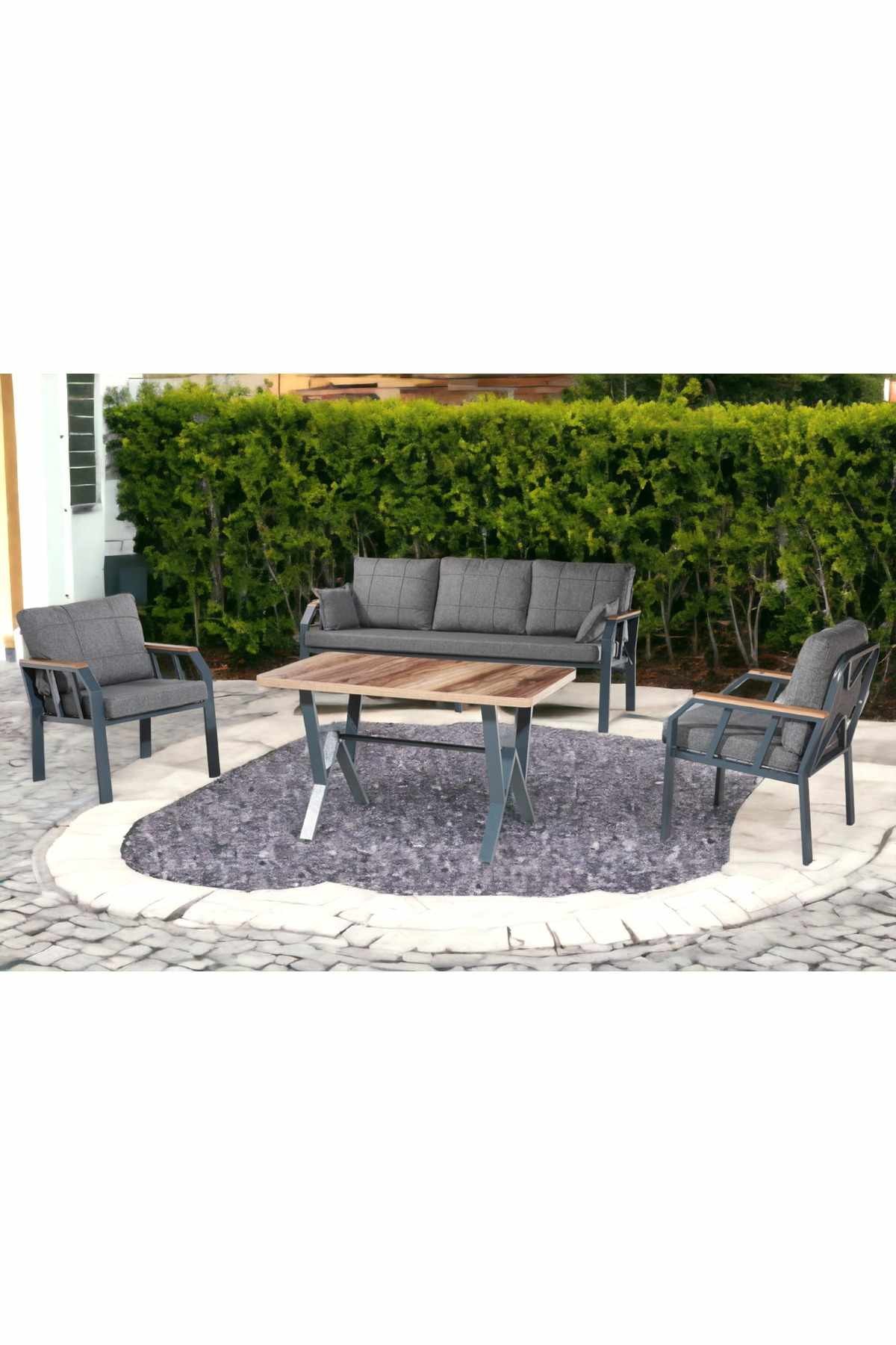 Set lounge gradina Nergiz 3+1+1 - Dark gri, 200 x 78 x 58 cm, gri inchis, metal, dark gri — imaginea 2
