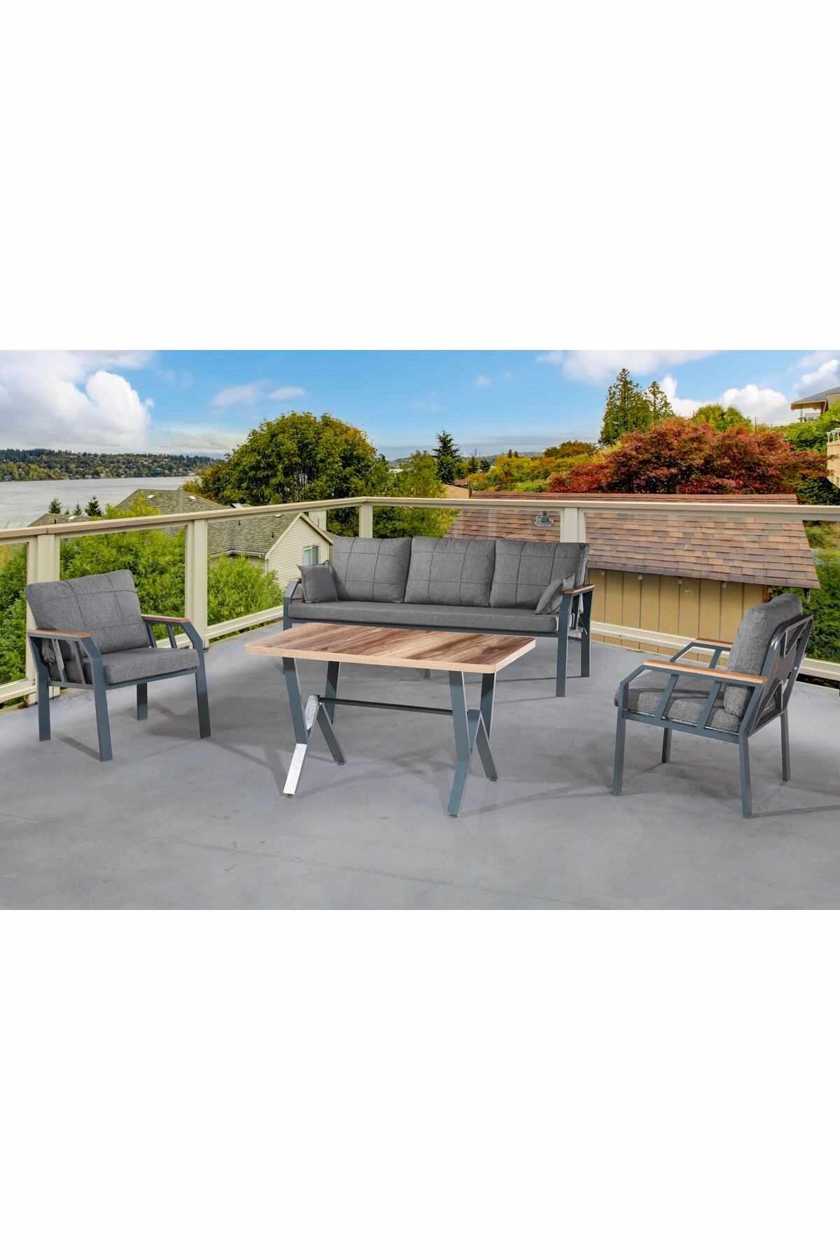 Set lounge gradina Nergiz 3+1+1 - Dark gri, 200 x 78 x 58 cm, gri inchis, metal, dark gri — imaginea 4
