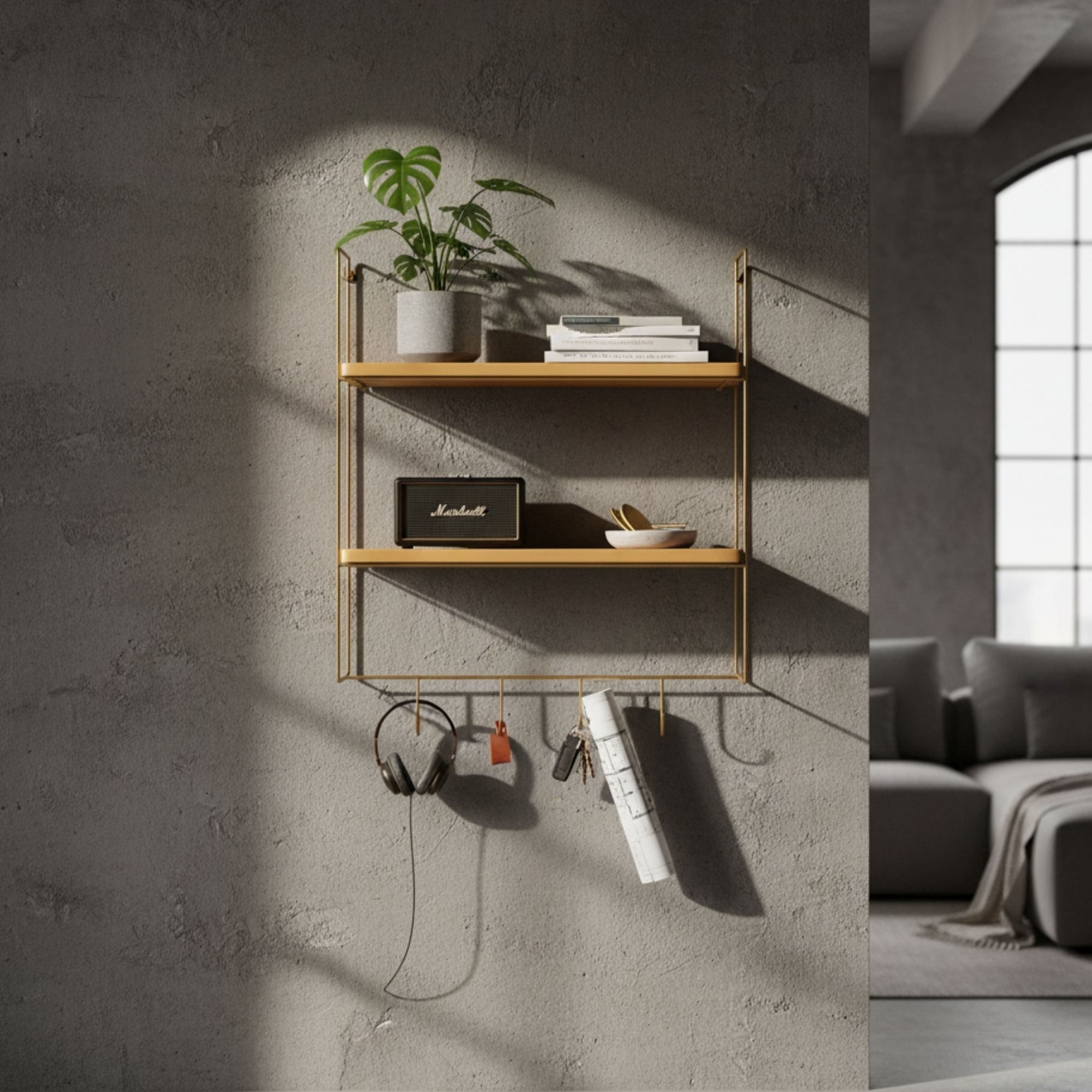 Raft de perete Cm-071, auriu natural, metal, design modern — imaginea 6