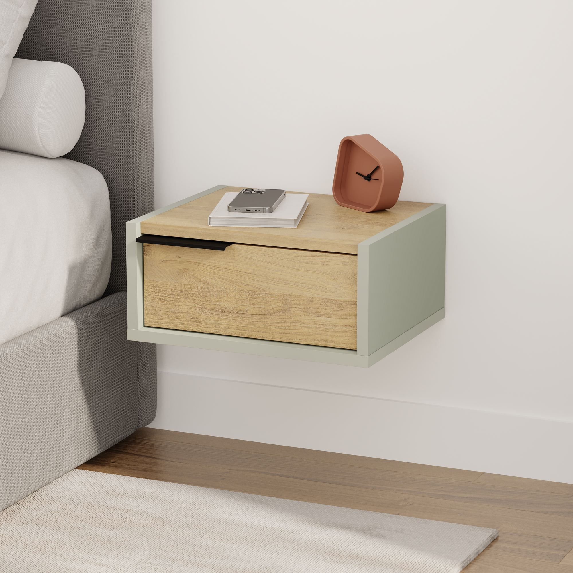 Noptiera Eco, 40 x 18, 8 x 30 cm, frasin verde stejar safir, PAL melaminat, fixare pe perete, ash verde / safir stejar — imaginea 5