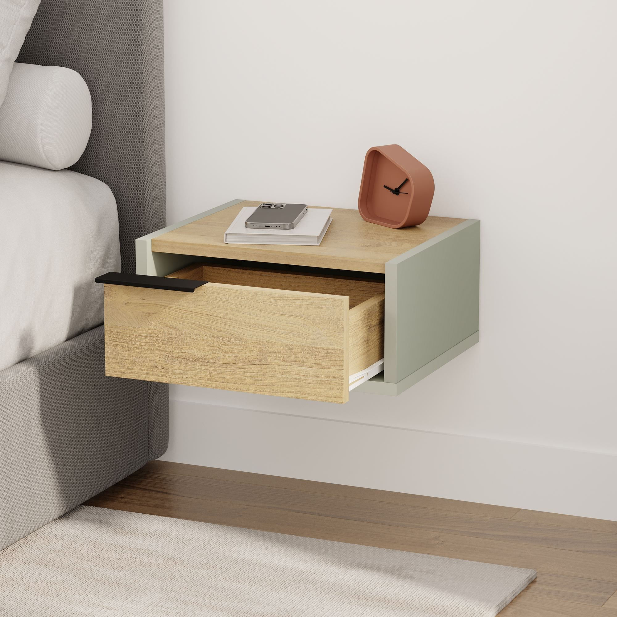 Noptiera Eco, 40 x 18, 8 x 30 cm, frasin verde stejar safir, PAL melaminat, fixare pe perete, ash verde / safir stejar — imaginea 6