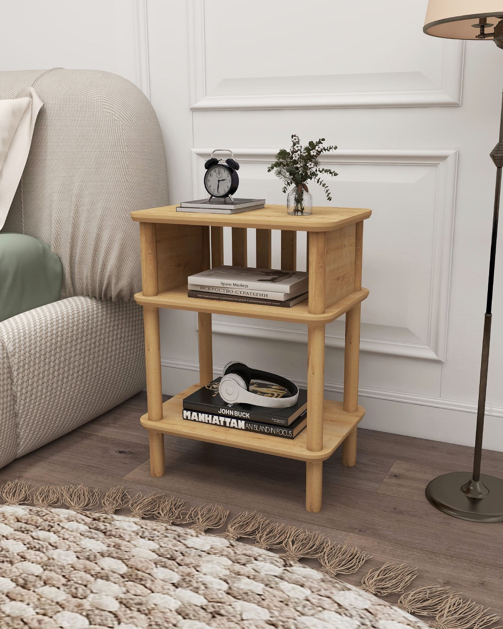 Masuta laterala Linde, 48 x 69 x 32 cm, stejar, MDF, capacitate 15 kg — imaginea 3