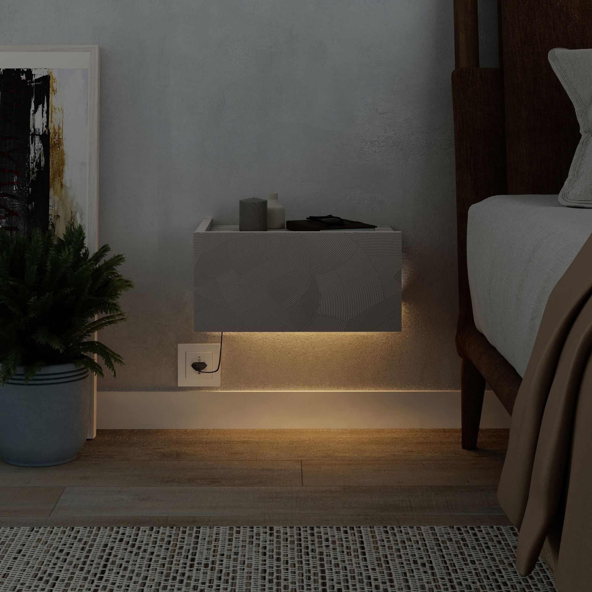 Noptiera Onda LED, 38, 4 x 18, 5 x 31 cm, bej nisip travertin, PAL melaminat, fixare pe perete, sandstone / travertin — imaginea 4