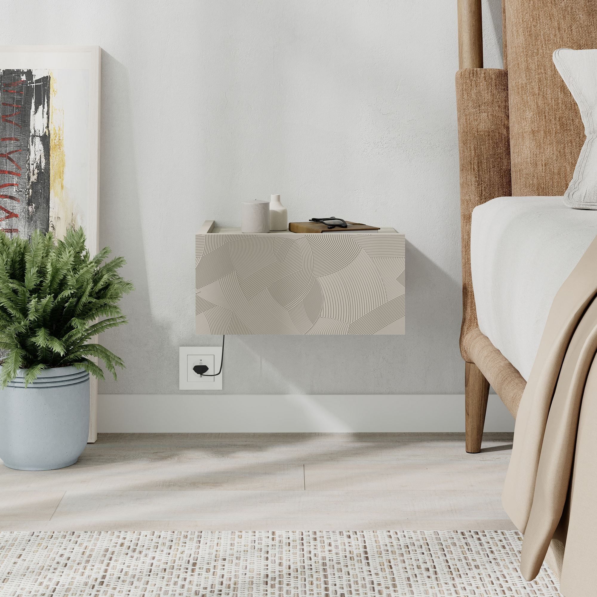 Noptiera Onda LED, 38, 4 x 18, 5 x 31 cm, bej nisip travertin, PAL melaminat, fixare pe perete, sandstone / travertin — imaginea 6