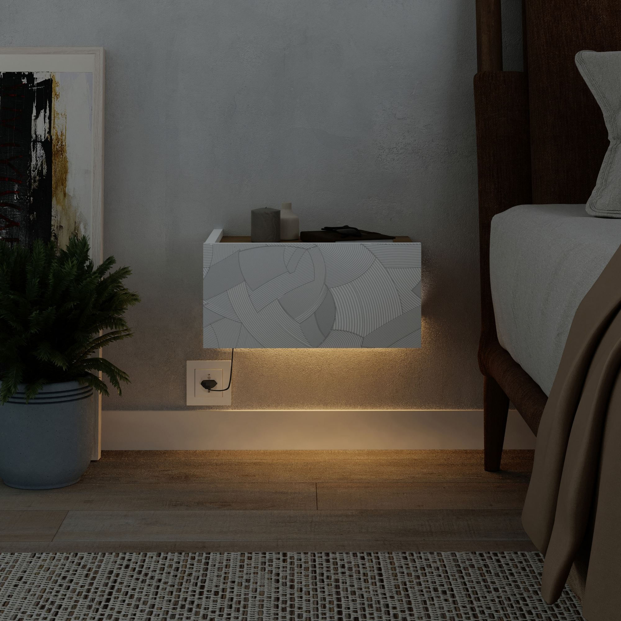 Noptiera Onda LED, 38, 4 x 18, 5 x 31 cm, PAL melaminat, fixare pe perete, alb / stejar — imaginea 3