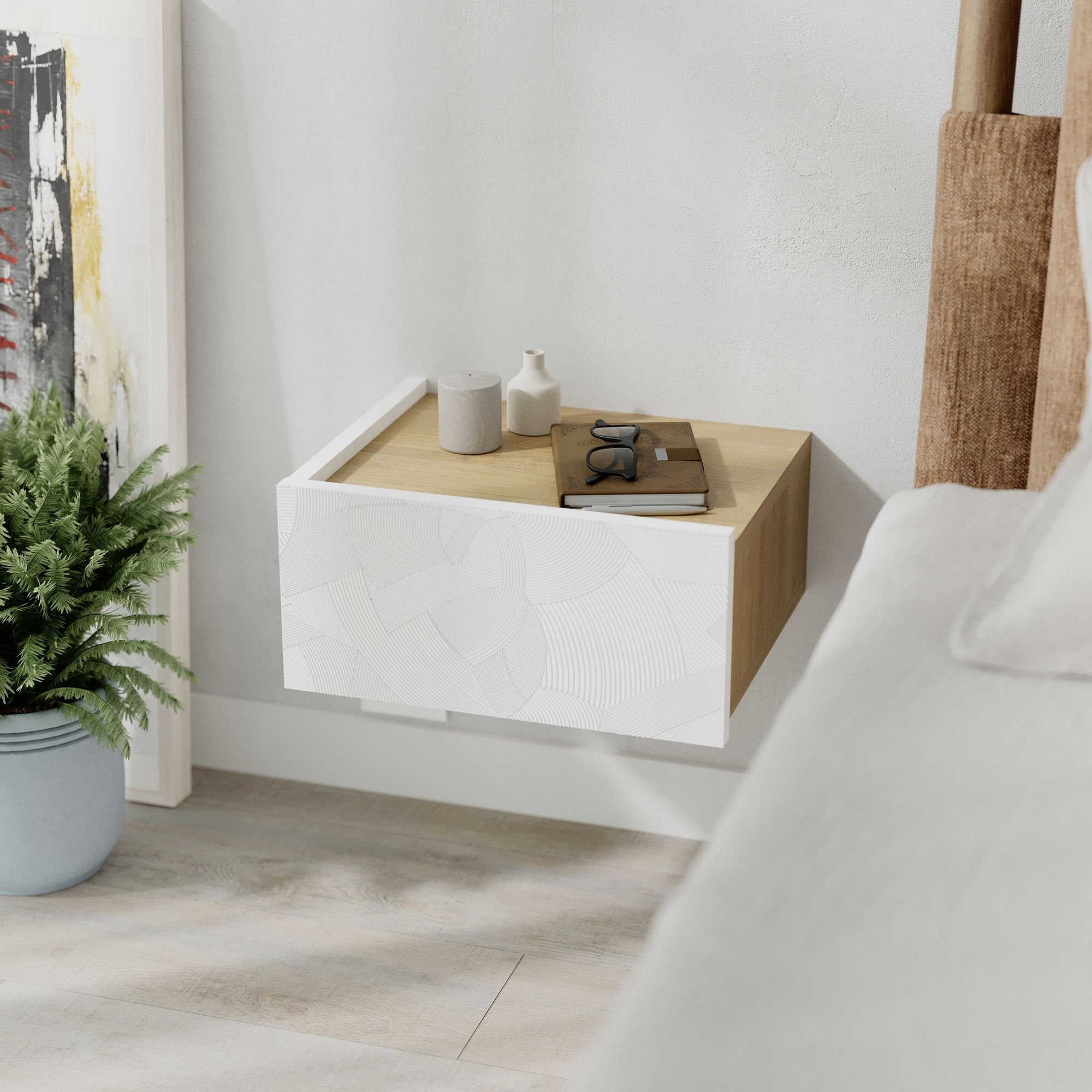 Noptiera Onda LED, 38, 4 x 18, 5 x 31 cm, PAL melaminat, fixare pe perete, alb / stejar — imaginea 4