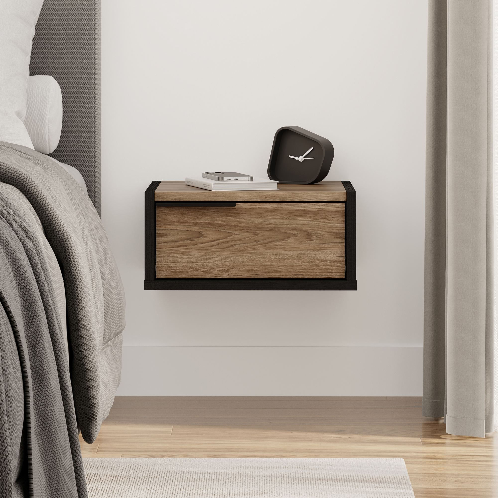 Noptiera Eco, 40 x 18, 8 x 30 cm, negru si lemn oud, PAL melaminat, fixare pe perete, negru wood / oud — imaginea 4