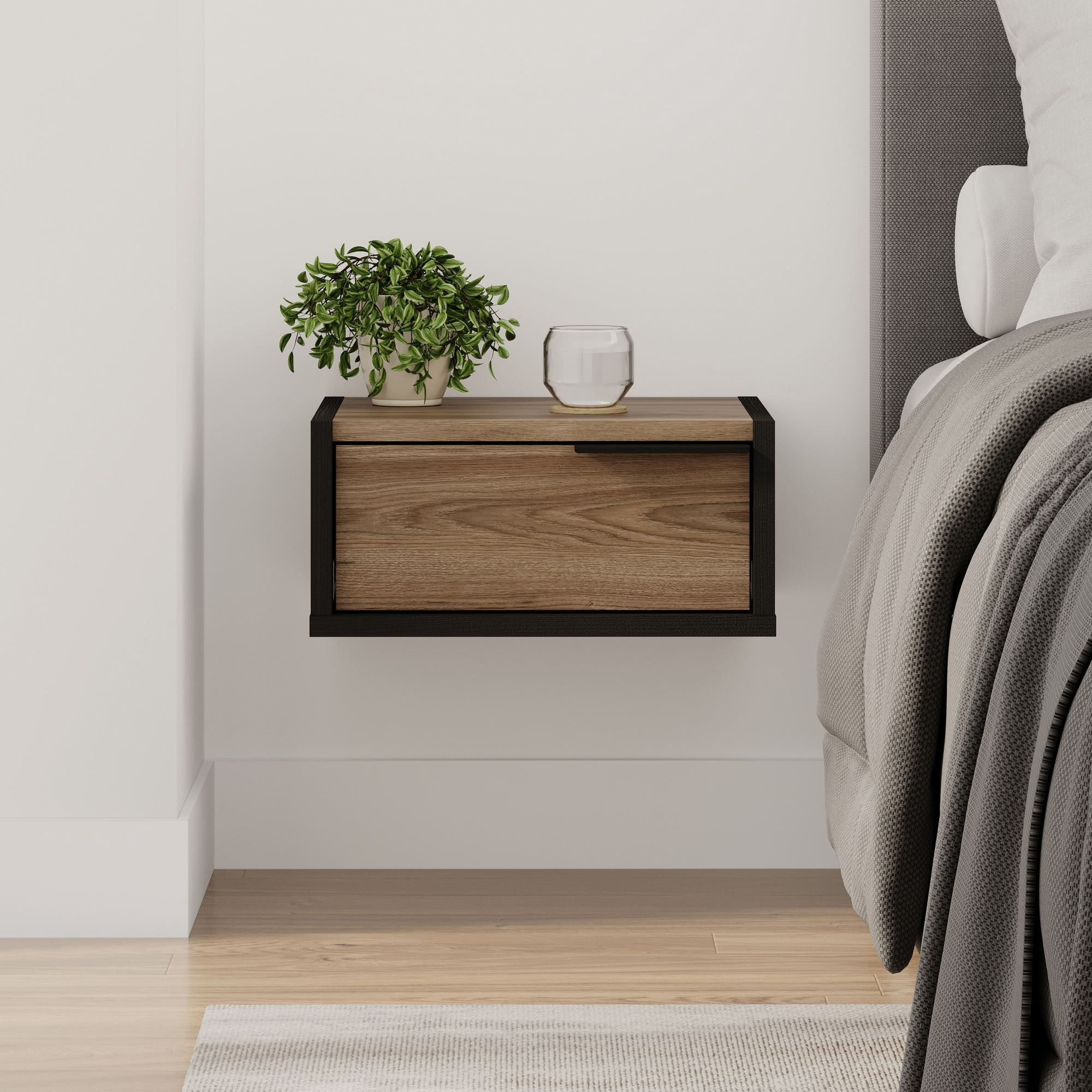 Noptiera Eco, 40 x 18, 8 x 30 cm, negru si lemn oud, PAL melaminat, fixare pe perete, negru wood / oud — imaginea 6