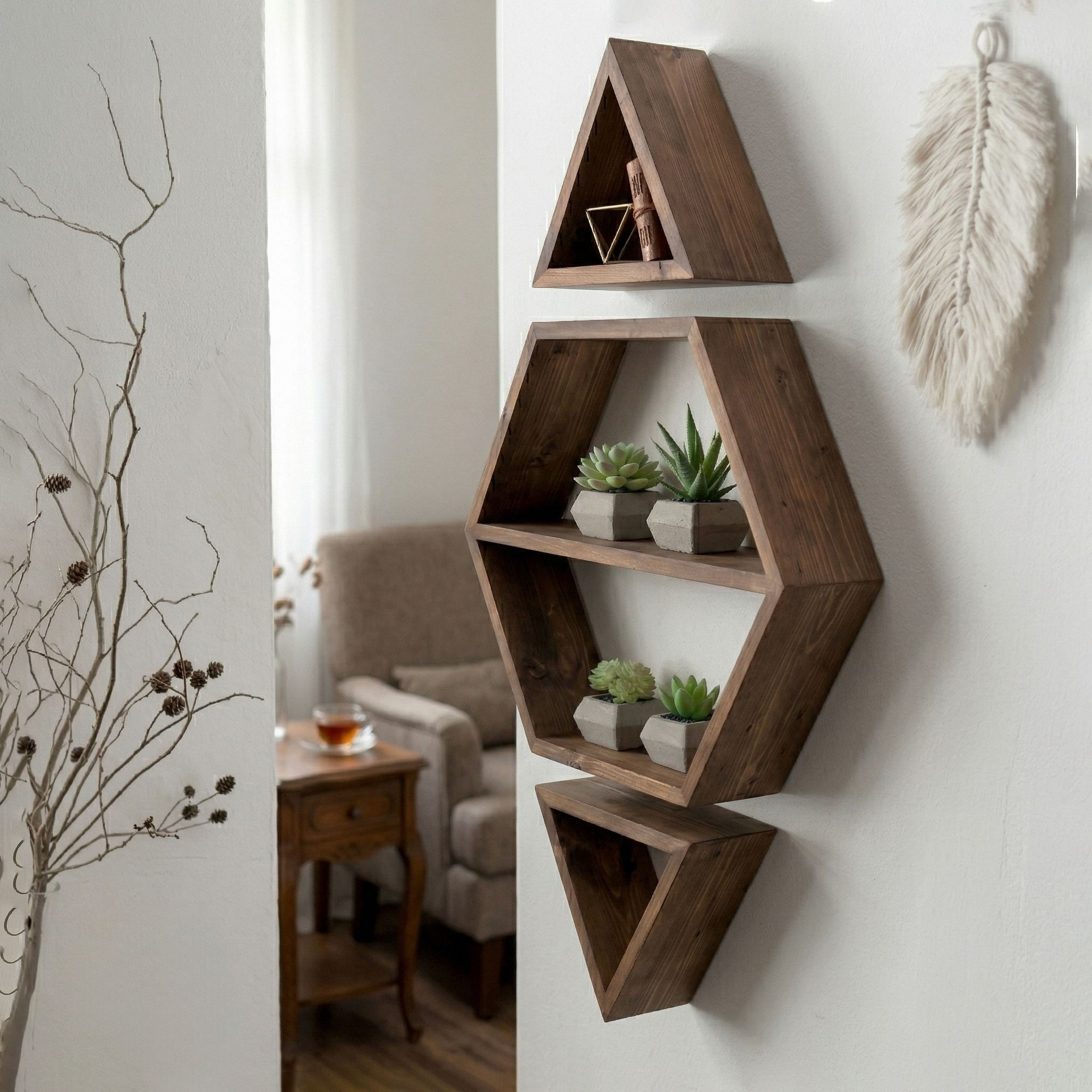 Raft decorativ de perete din lemn Raf325, 42 x 75 x 9 cm, lemn natur, lemn, design modern — imaginea 4