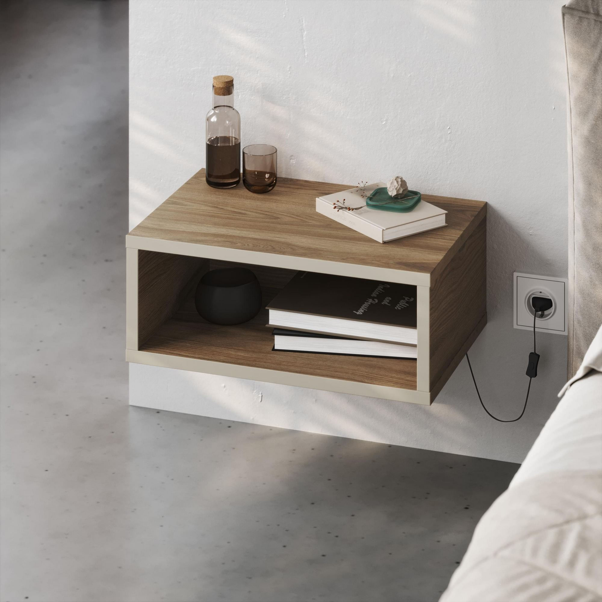 Noptiera Brik, 45 x 18 x 30 cm, bej nisip oud, PAL melaminat, fixare pe perete, sandstone / oud — imaginea 6