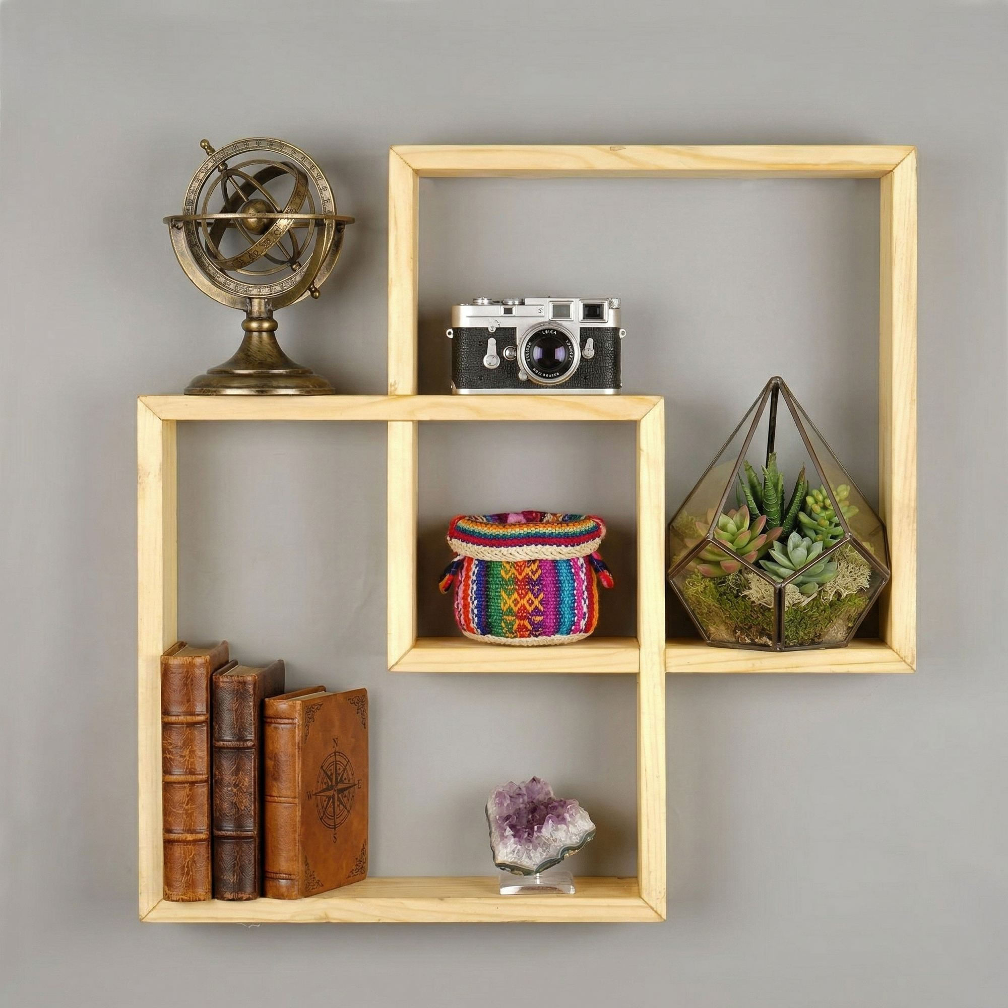 Raft decorativ de perete din lemn Raf343, 51 x 51 x 9 cm, lemn natur, lemn, design modern — imaginea 3