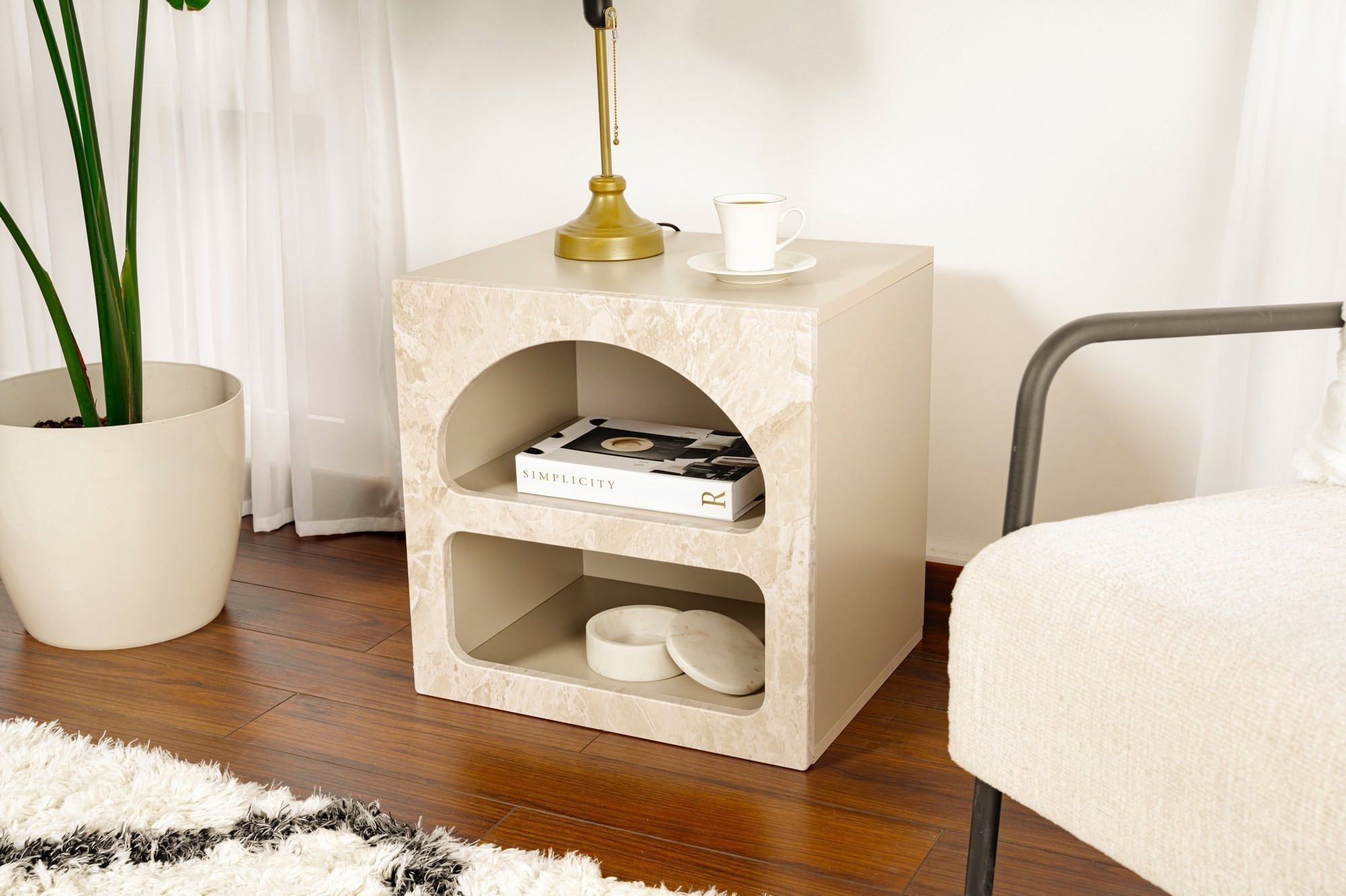 Noptiera Lorin, 50 x 50 x 40 cm, traverten marmura bej nisip, PAL melaminat, traverten marble / sandstone — imaginea 12