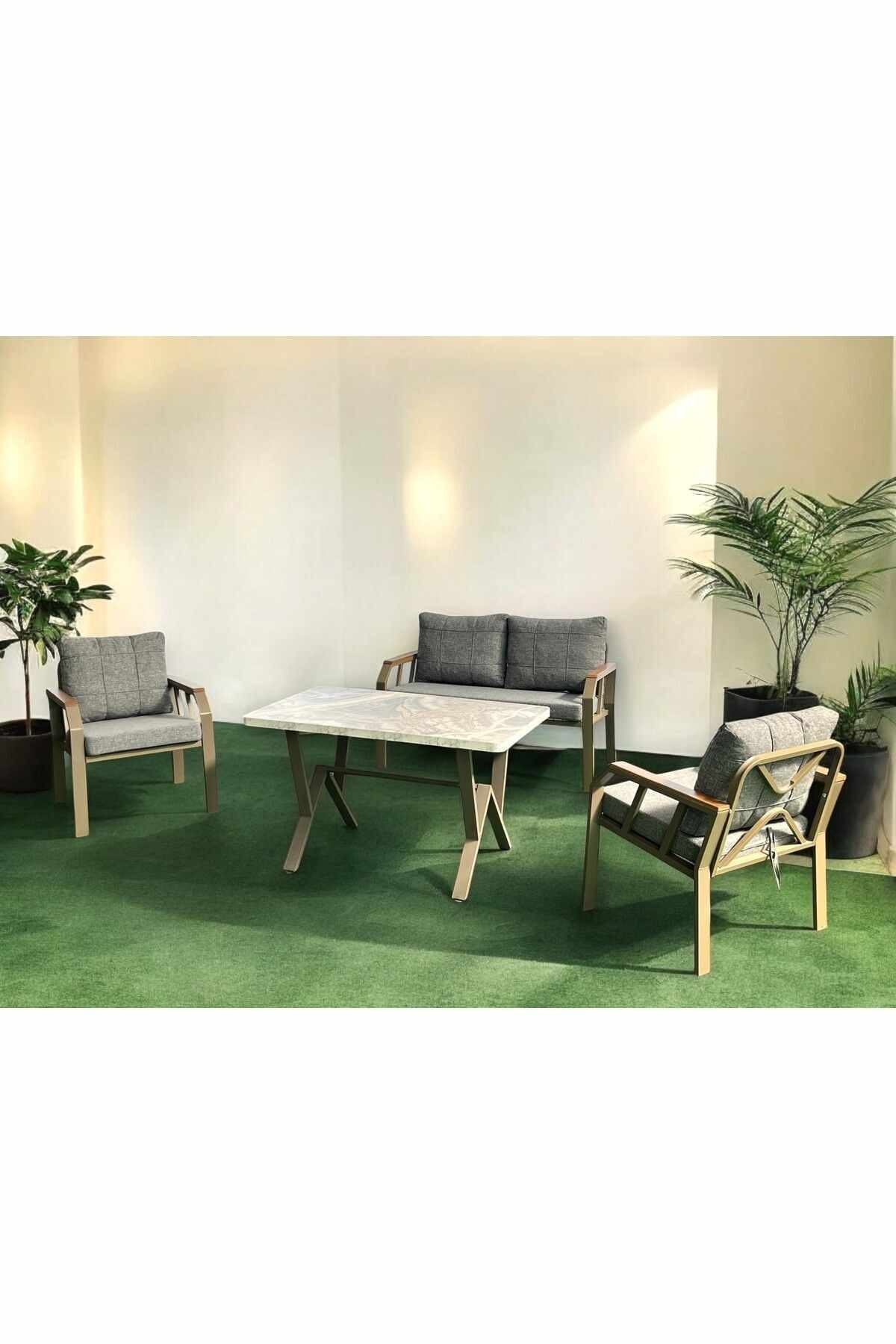 Set lounge gradina Nergiz 2+1+1 - Honey Bubble, 120 x 78 x 58 cm, metal, honey / gri — imaginea 4