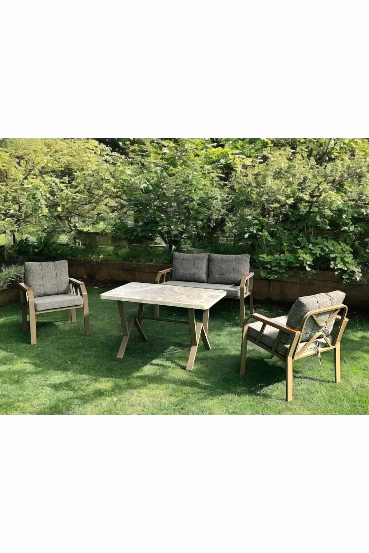 Set lounge gradina Nergiz 2+1+1 - Honey Bubble, 120 x 78 x 58 cm, metal, honey / gri — imaginea 5