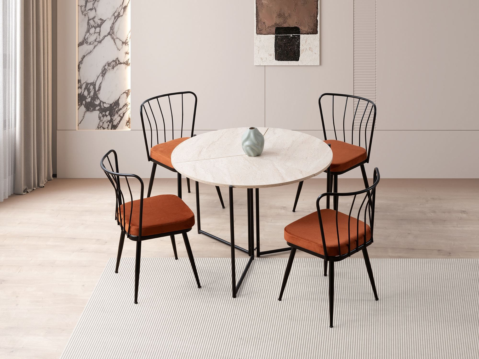 Masa dining Yaprak, 100 x 72 x 100 cm, travertin negru, PAL melaminat, capacitate 19 kg — imaginea 8