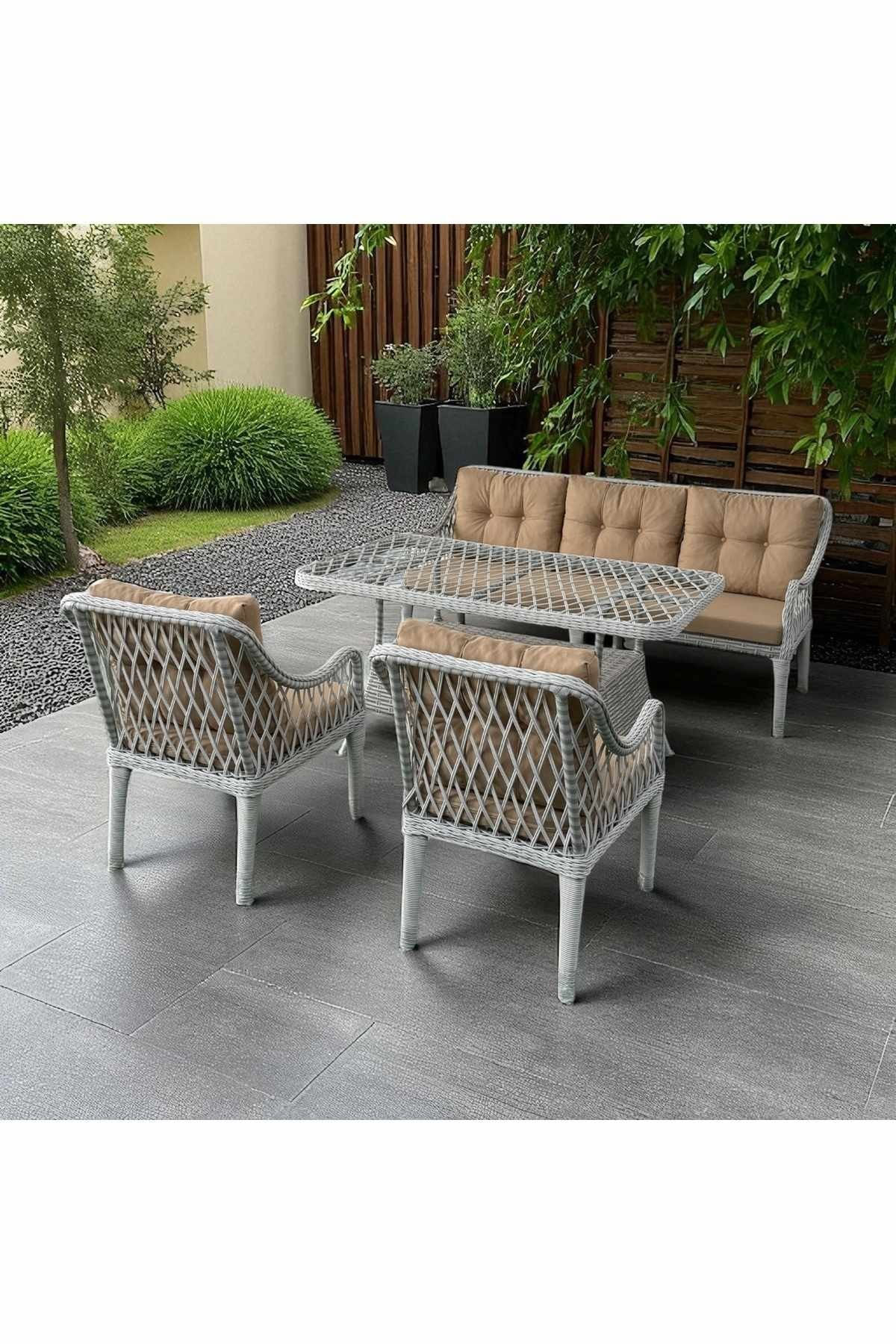 Set lounge gradina Hisar 3+1+1 - Beige, alb, 170 x 78 x 56 cm, bej / alb — imaginea 2