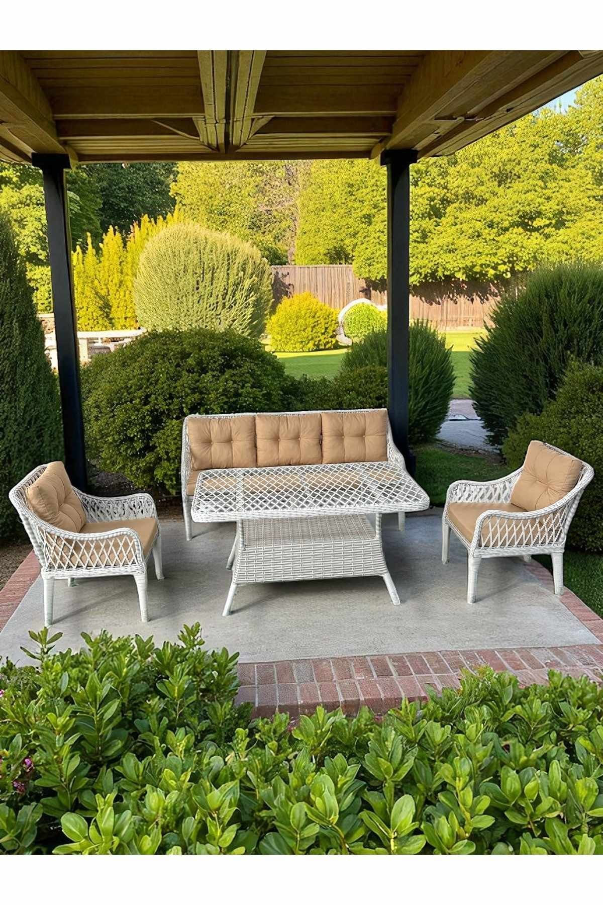 Set lounge gradina Hisar 3+1+1 - Beige, alb, 170 x 78 x 56 cm, bej / alb — imaginea 3