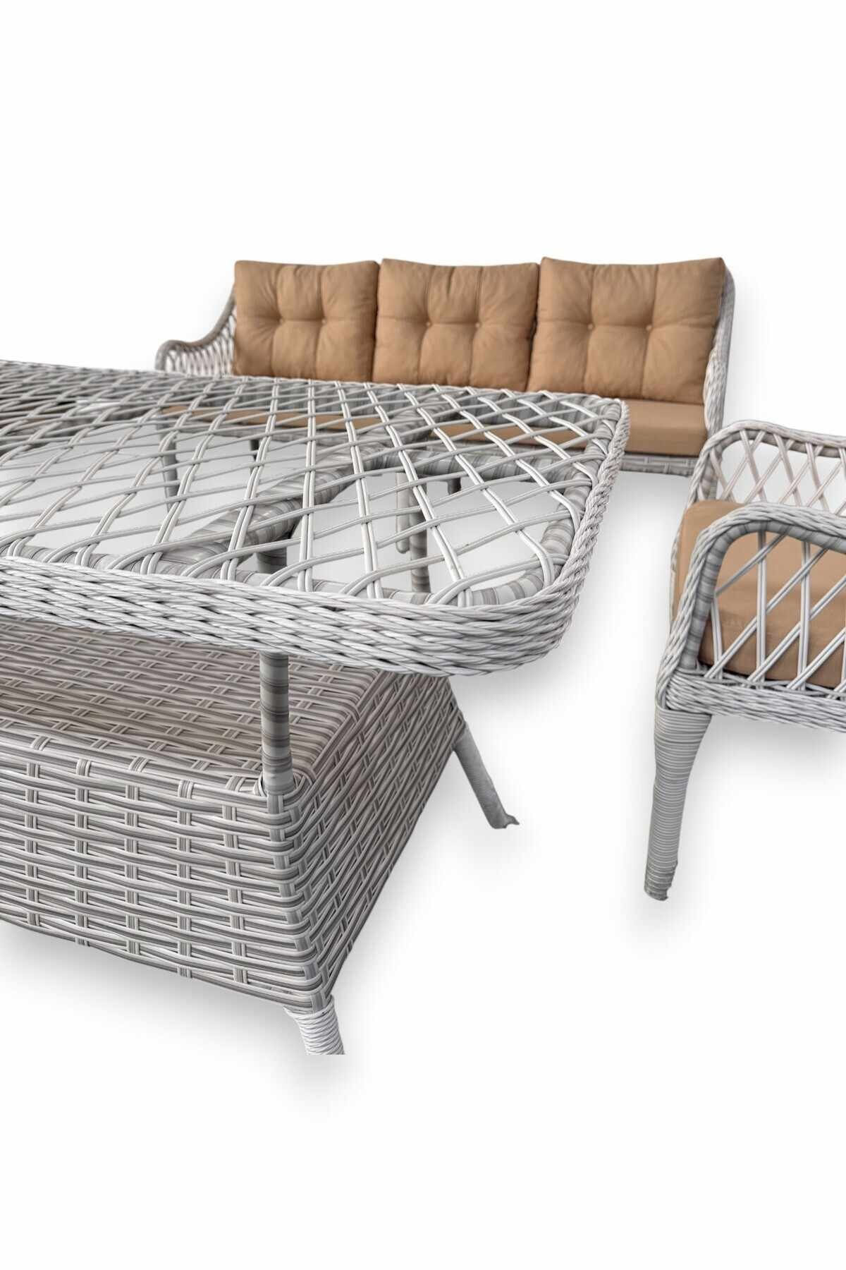 Set lounge gradina Hisar 3+1+1 - Beige, alb, 170 x 78 x 56 cm, bej / alb — imaginea 6