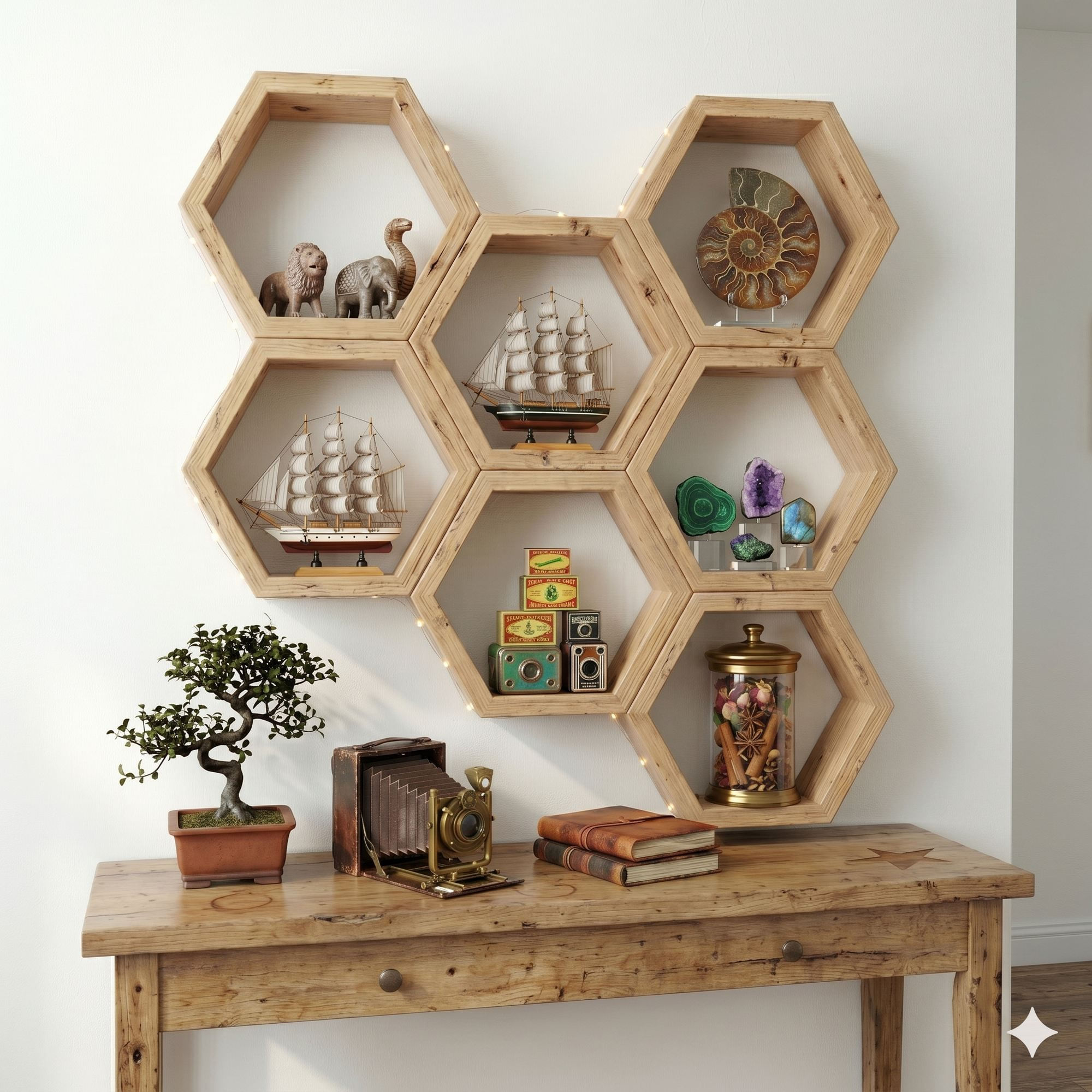 Raft decorativ de perete din lemn Raf361, 42 x 37 x 9 cm, lemn natur, lemn, design modern — imaginea 3