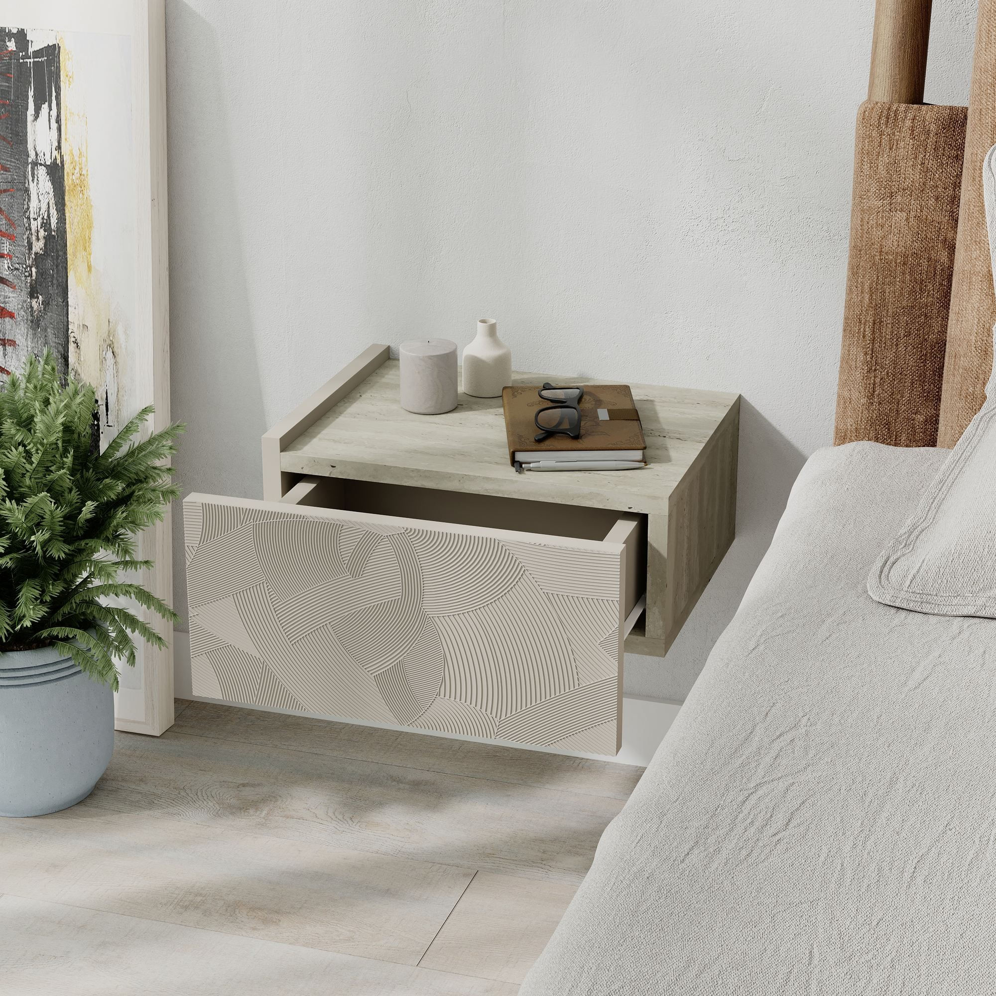 Noptiera Onda, 38, 4 x 18, 5 x 31 cm, bej nisip travertin, PAL melaminat, fixare pe perete, sandstone / travertin — imaginea 2