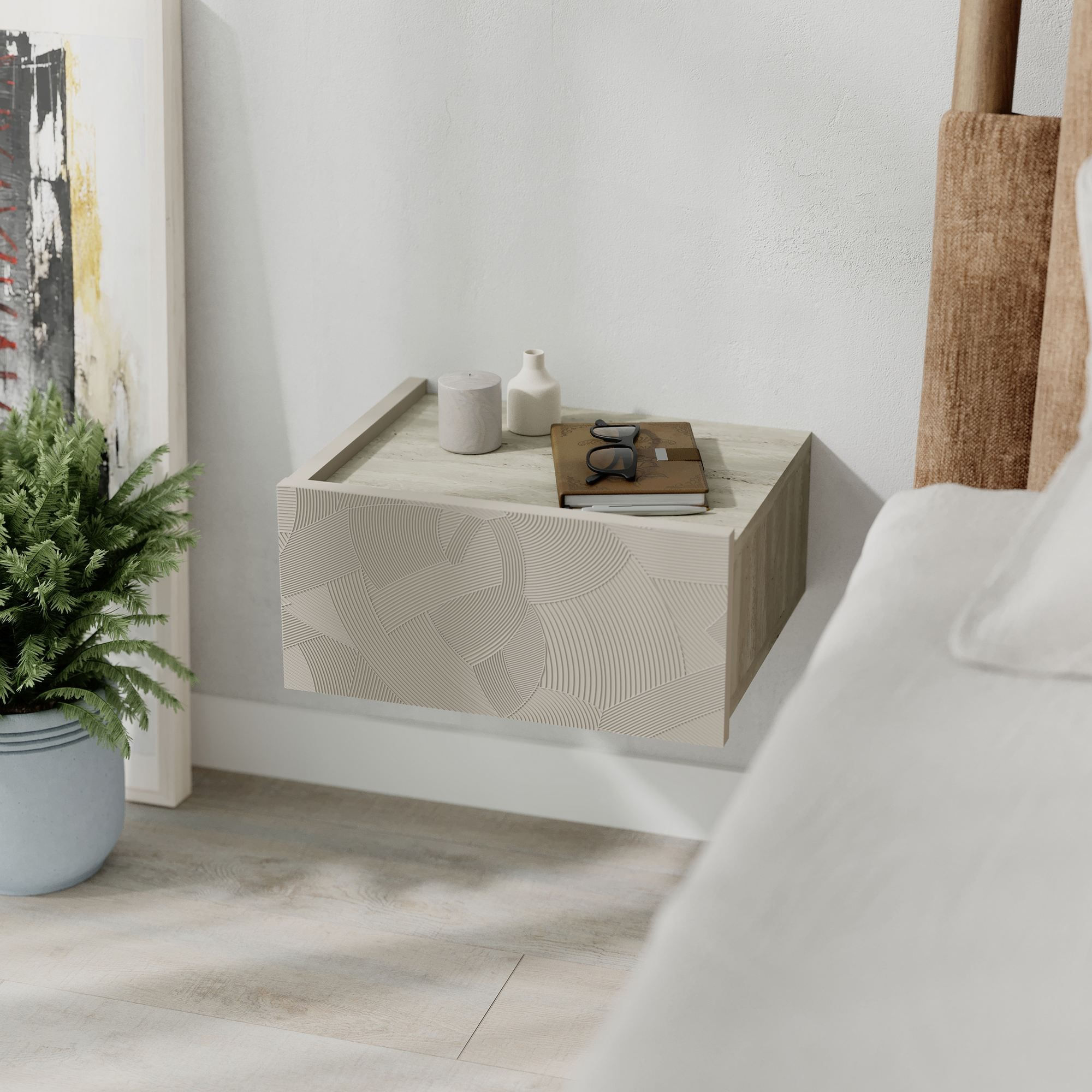 Noptiera Onda, 38, 4 x 18, 5 x 31 cm, bej nisip travertin, PAL melaminat, fixare pe perete, sandstone / travertin — imaginea 4