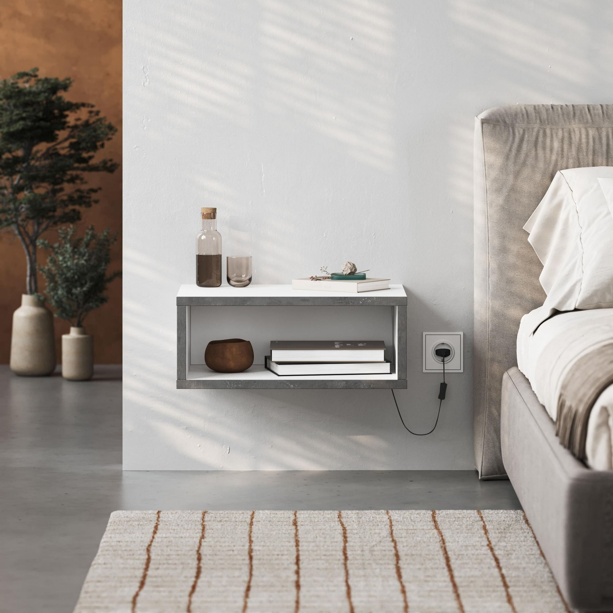 Noptiera Brik, 45 x 18 x 30 cm, PAL melaminat, fixare pe perete, alb / retro gri — imaginea 3