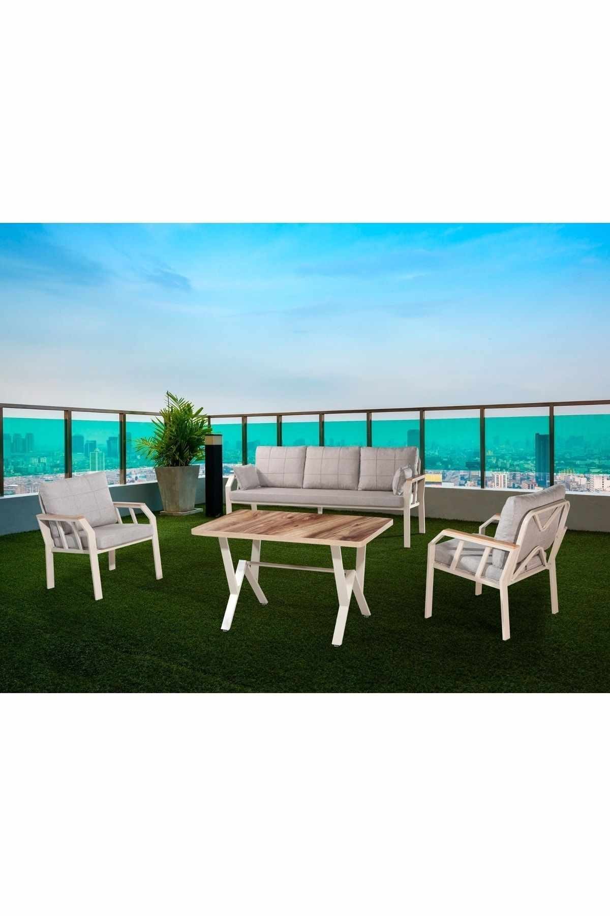 Set lounge gradina Nergiz 3+1+1 - Milky maro, 200 x 78 x 58 cm, metal, milky maro — imaginea 2