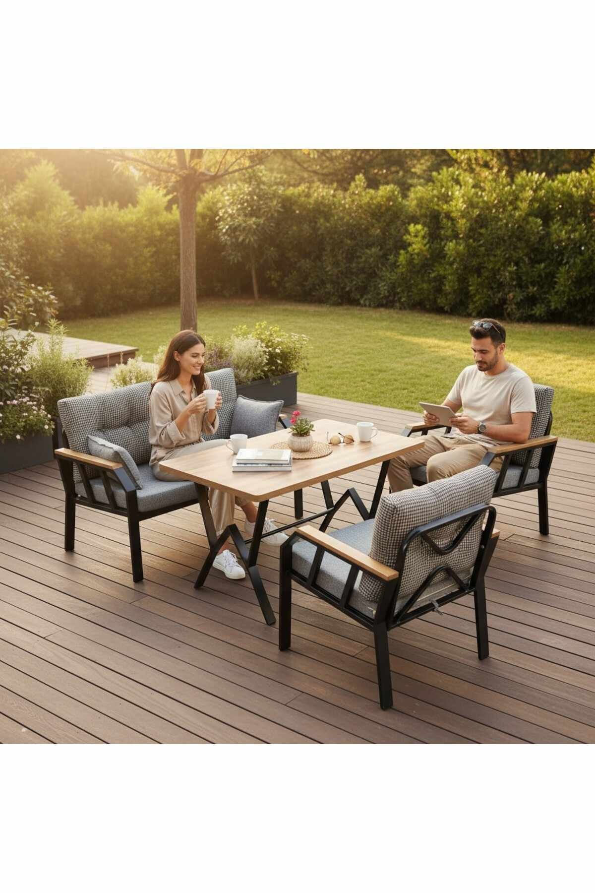 Set lounge gradina Nergiz 2+1+1 - Dogtooth, 120 x 78 x 58 cm, metal, negru / alb — imaginea 3