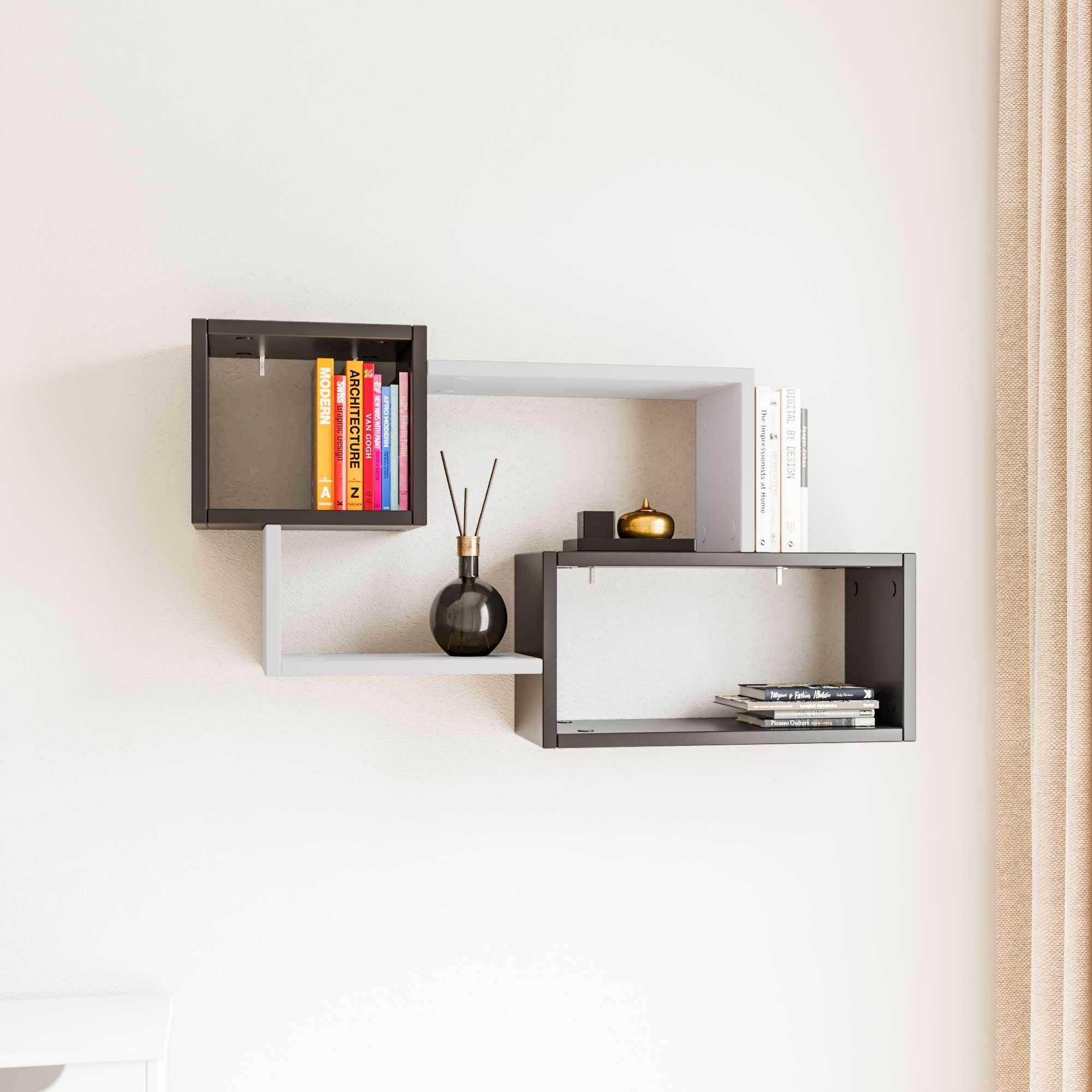 Raft de perete Ayder, 50 x 150 x 22 cm, antracit alb, PAL melaminat, spatiu de depozitare, fixare pe perete — imaginea 3