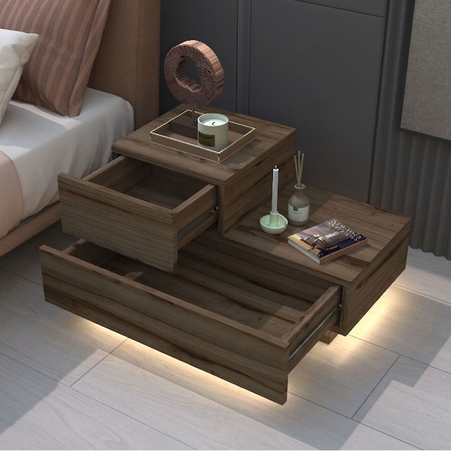 Noptiera Kayra, 70 x 35 x 38, 3 cm, nuc antichizat, PAL melaminat, antique nuc — imaginea 2