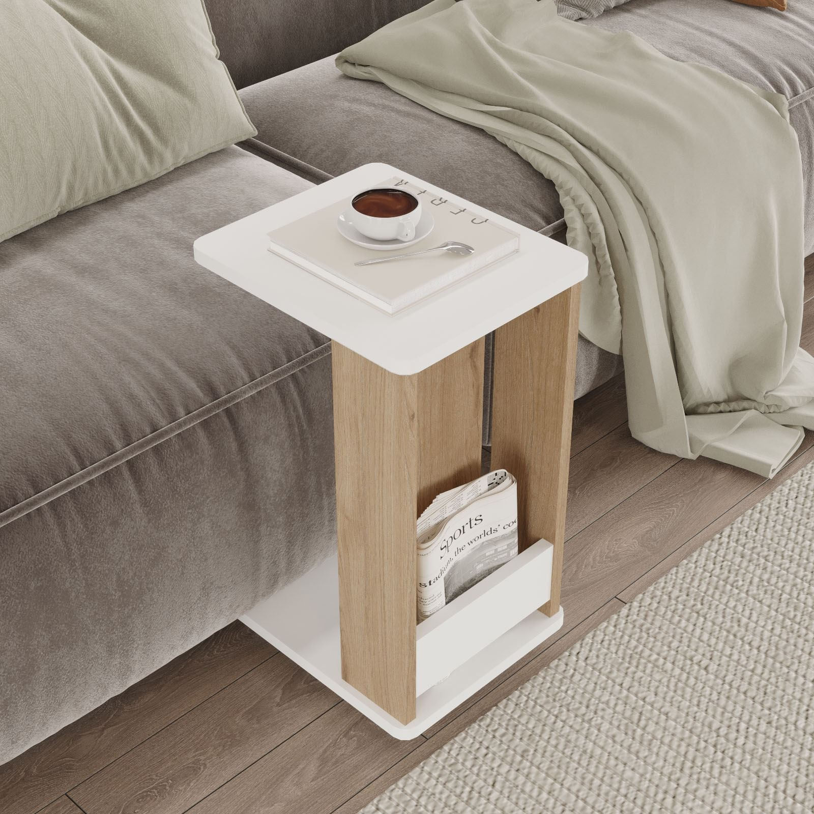 Masuta laterala MIN1-SW, 32 x 42 x 55 cm, stejar alb, PAL melaminat — imaginea 4