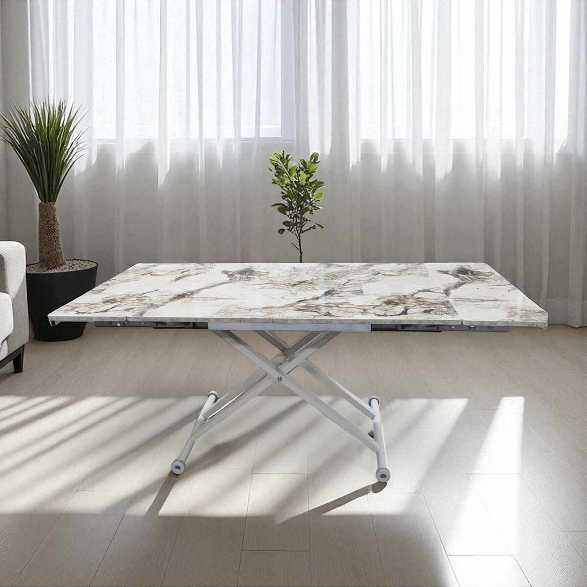 Masa dining Yan, alb marmura alb, MDF, capacitate 125 kg, alb marble / alb