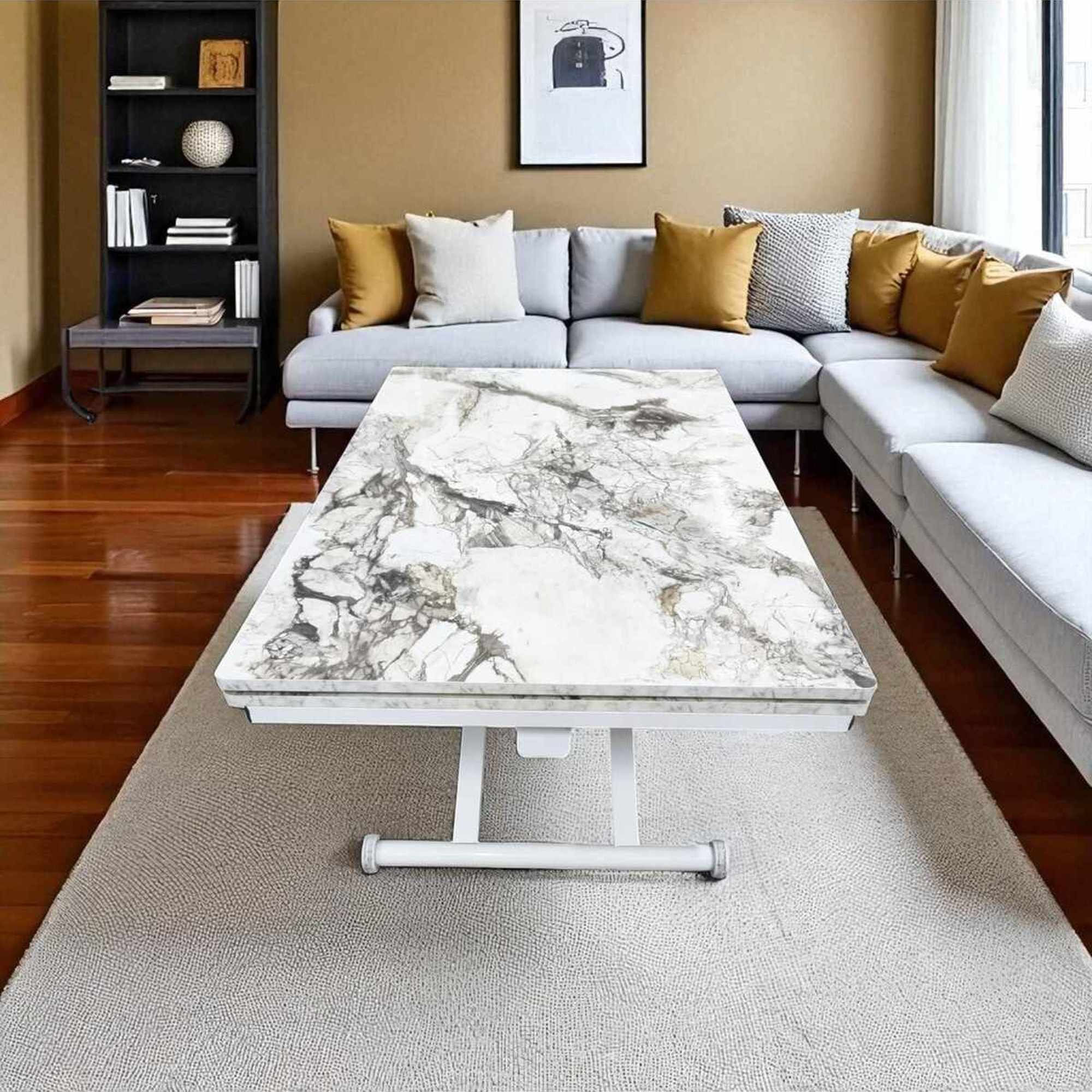 Masa dining Yan, alb marmura alb, MDF, capacitate 125 kg, alb marble / alb — imaginea 4