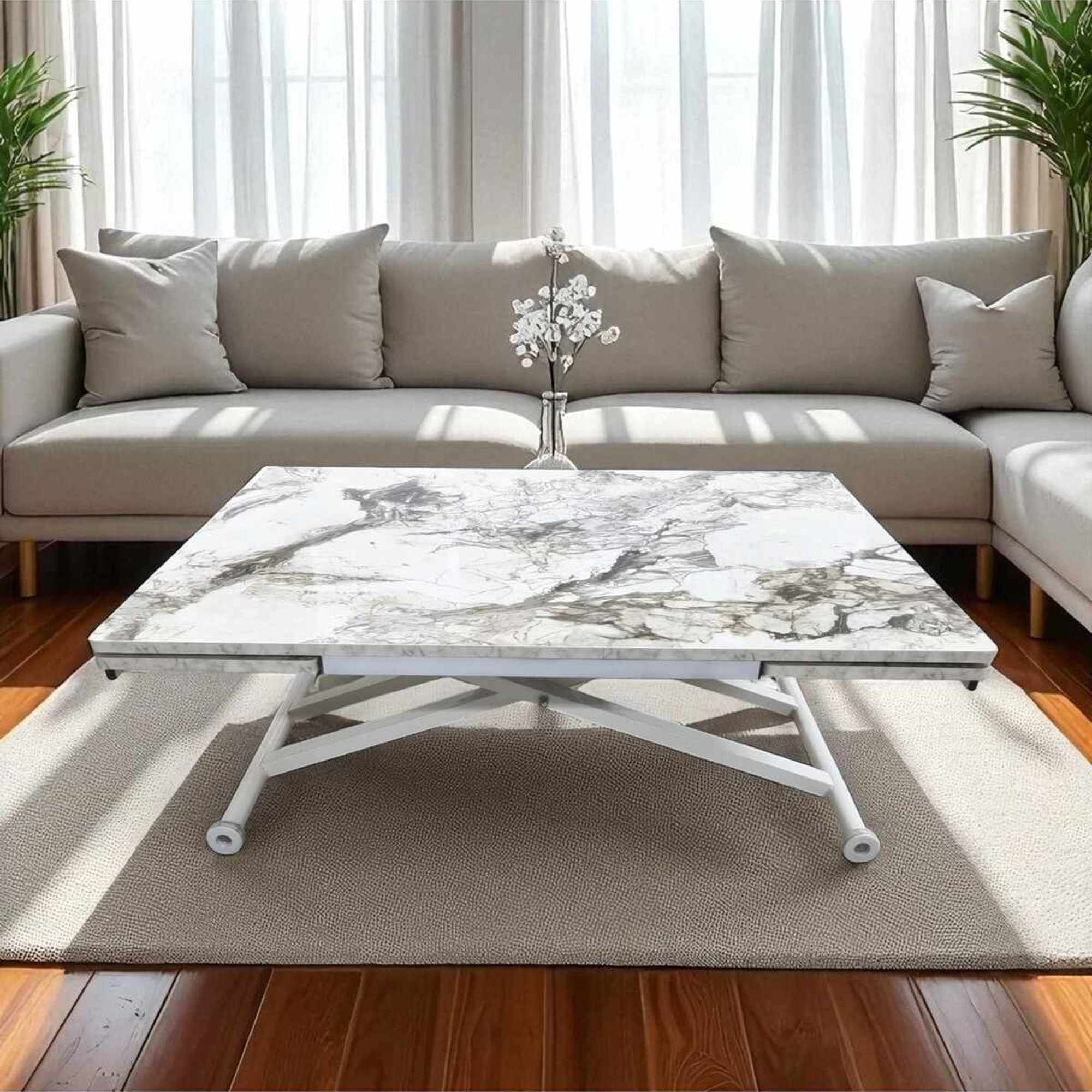 Masa dining Yan, alb marmura alb, MDF, capacitate 125 kg, alb marble / alb — imaginea 7