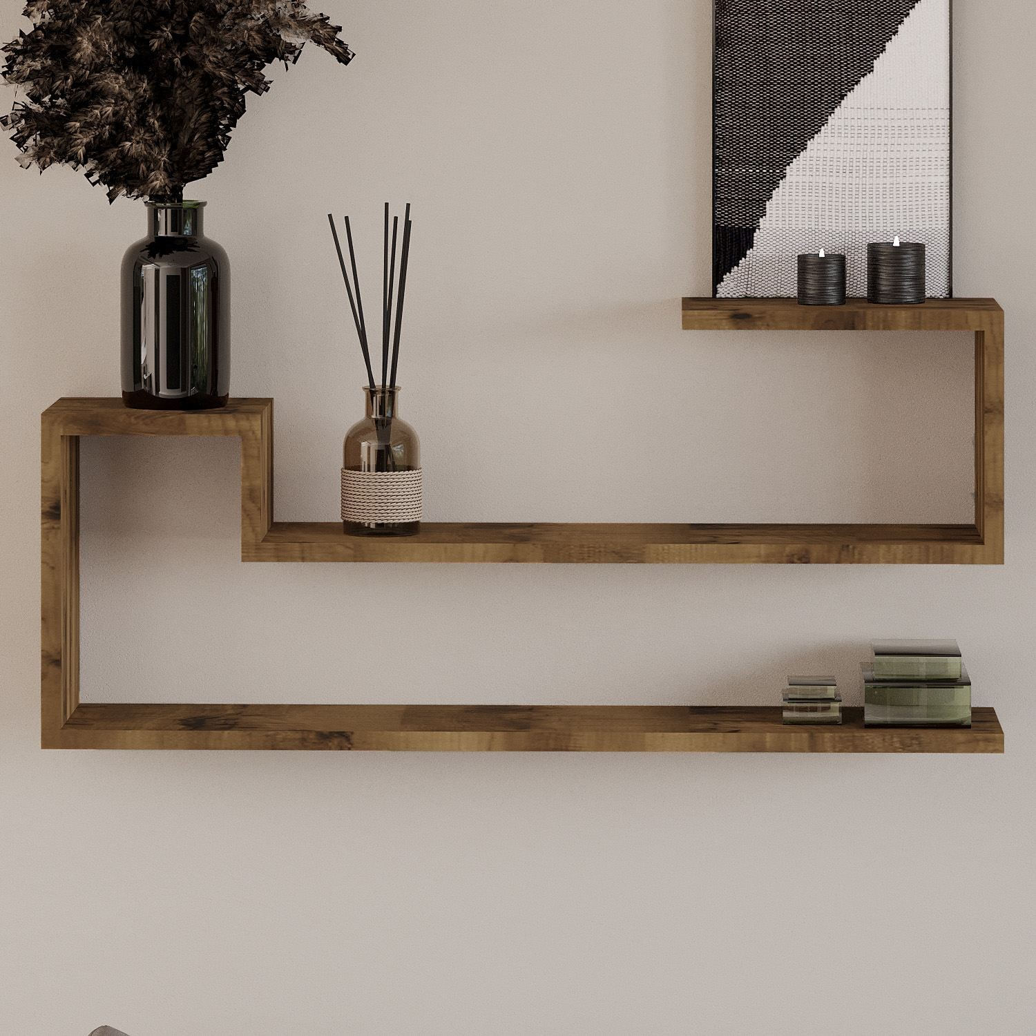 Raft de perete Ravi, nuc antichizat, PAL melaminat, design modern, antique nuc — imaginea 3