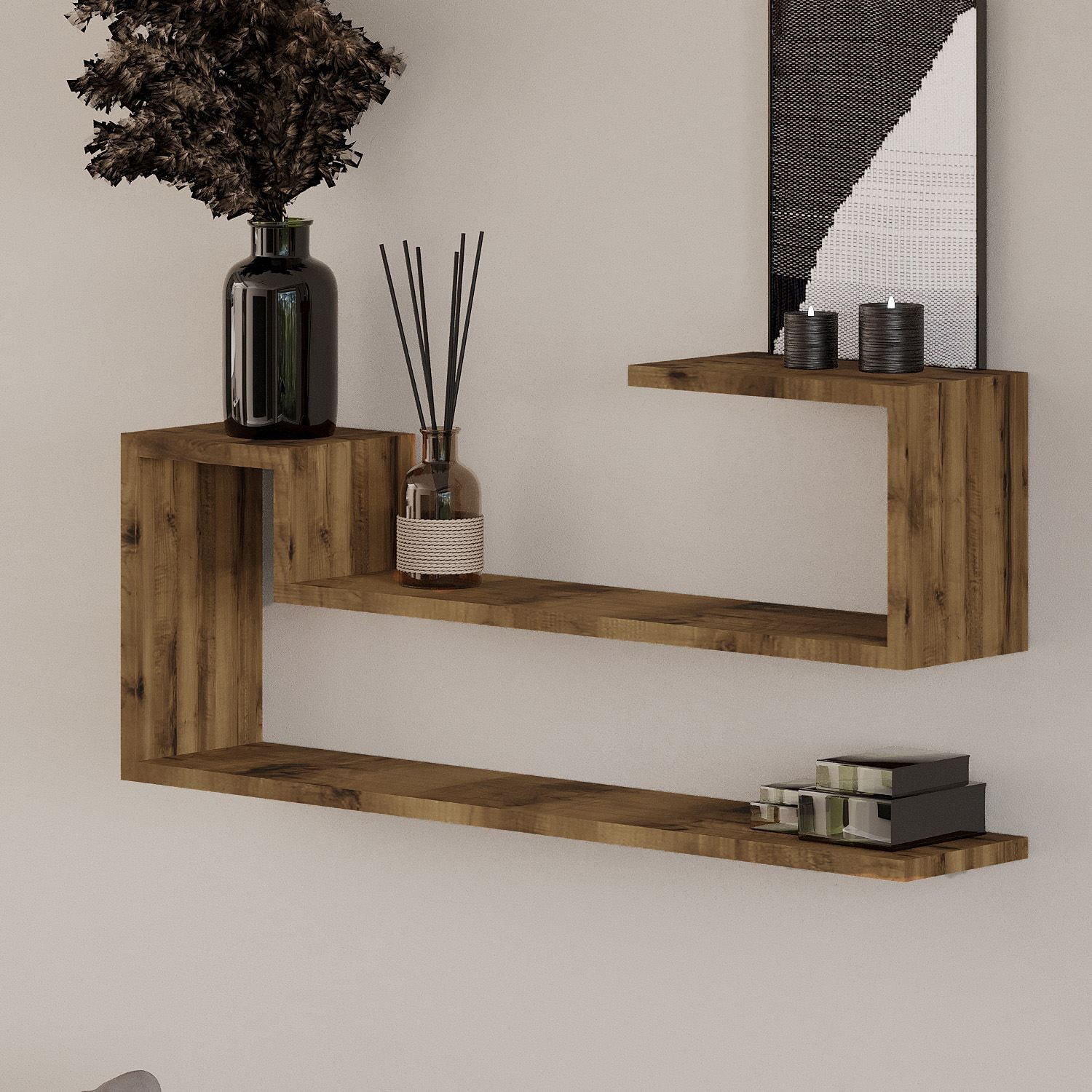 Raft de perete Ravi, nuc antichizat, PAL melaminat, design modern, antique nuc — imaginea 4