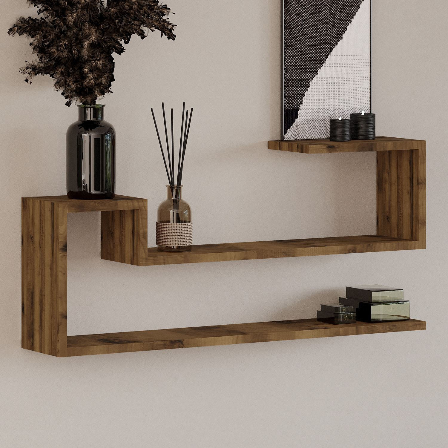 Raft de perete Ravi, nuc antichizat, PAL melaminat, design modern, antique nuc — imaginea 5