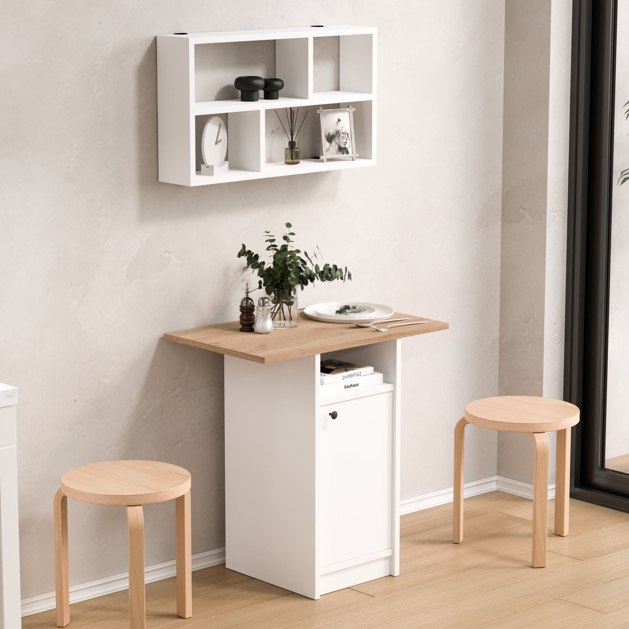 Set masa dining cu raft de perete, 2 piese Nord - ND17-SW, 72 x 73,8 x 44,5 cm, alb si stejar, PAL melaminat, design modern — imaginea 2