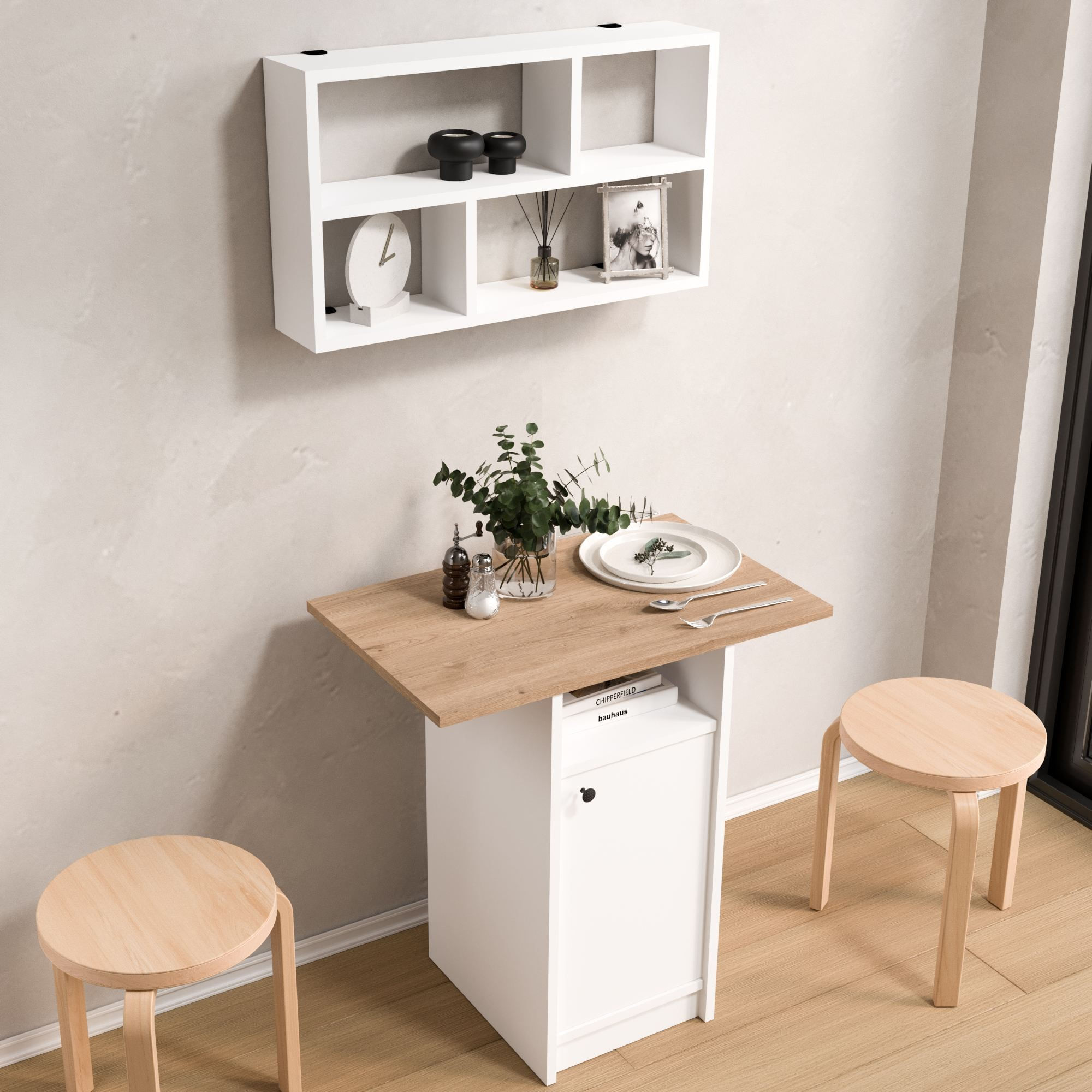 Set masa dining cu raft de perete, 2 piese Nord - ND17-SW, 72 x 73,8 x 44,5 cm, alb si stejar, PAL melaminat, design modern — imaginea 3