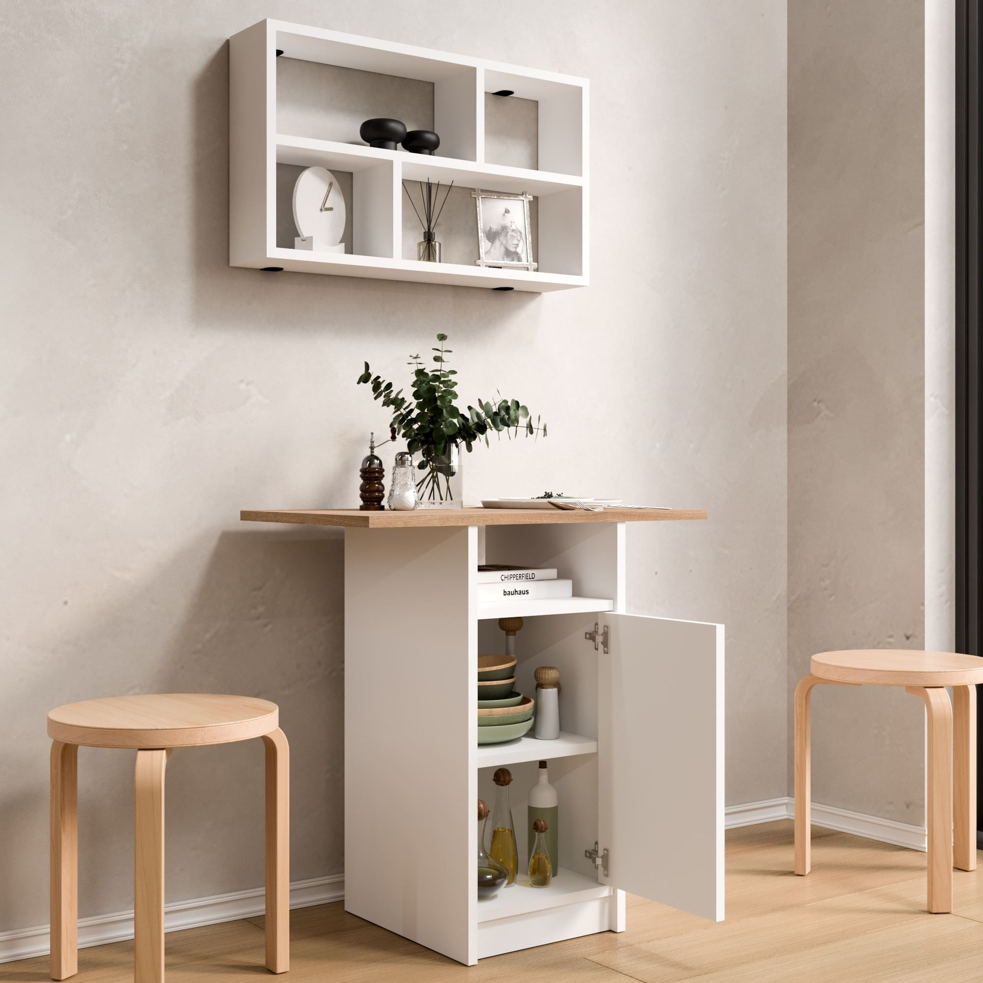 Set masa dining cu raft de perete, 2 piese Nord - ND17-SW, 72 x 73,8 x 44,5 cm, alb si stejar, PAL melaminat, design modern — imaginea 4