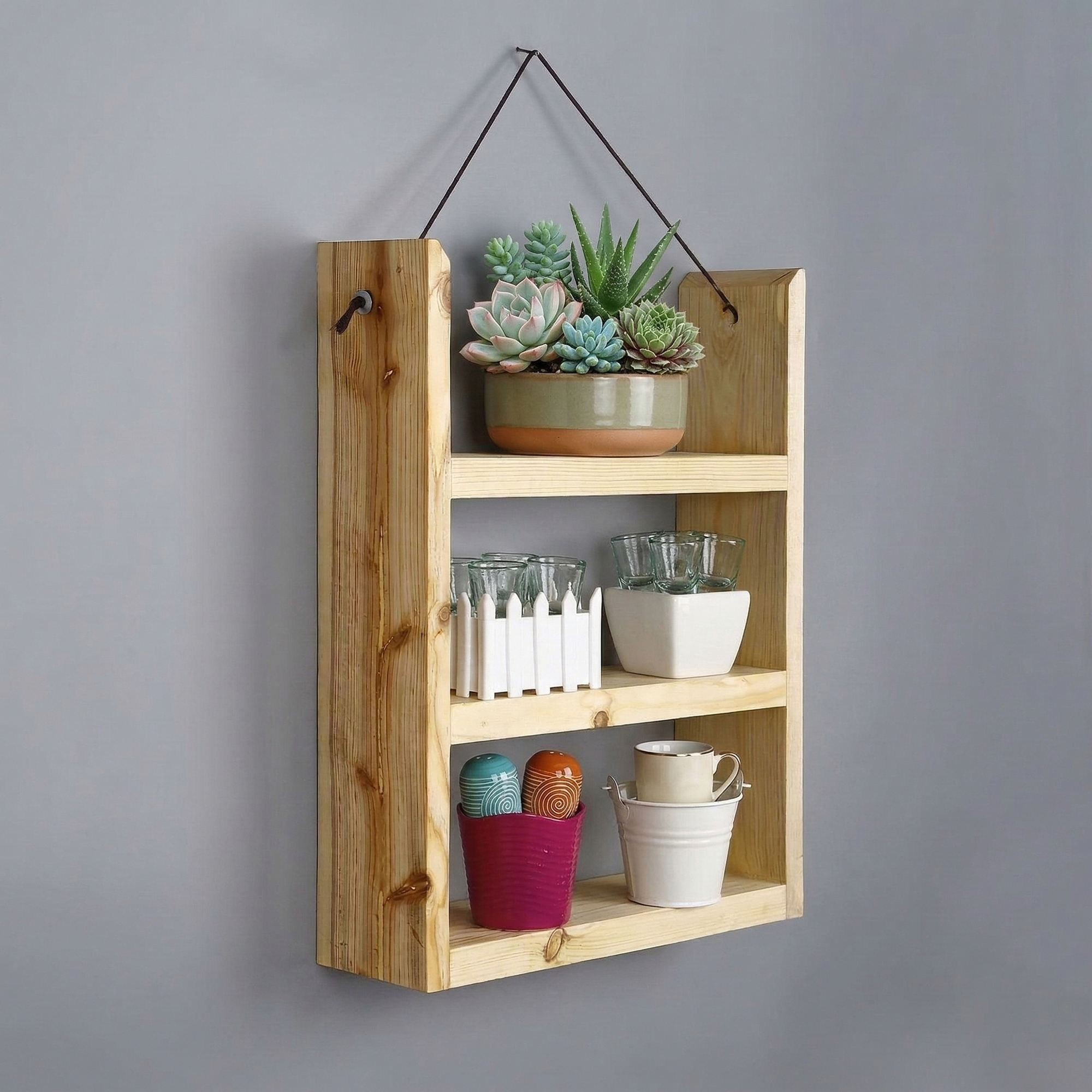 Raft decorativ de perete din lemn Raf346, 38 x 48 x 9 cm, lemn natur, lemn, design modern — imaginea 3