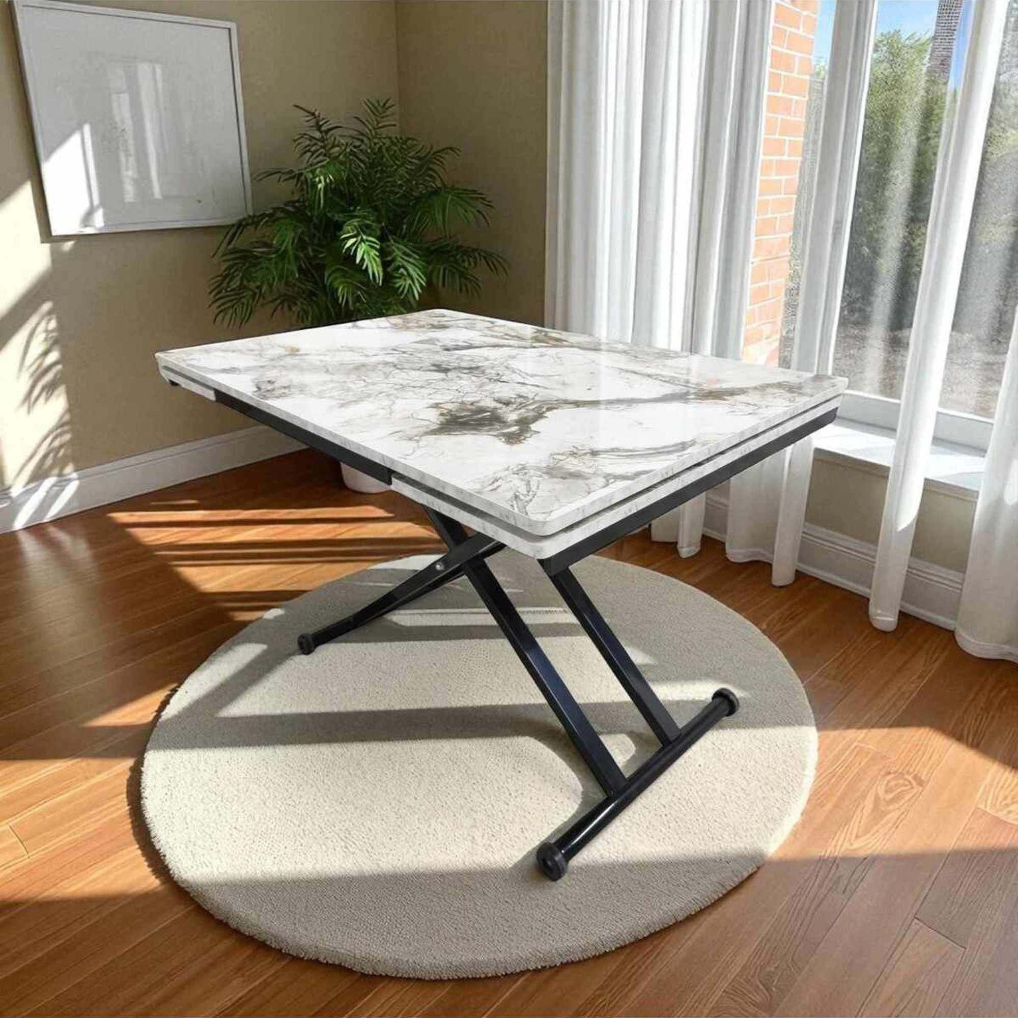 Masa dining Yan, alb marmura negru, MDF, capacitate 125 kg, alb marble / negru