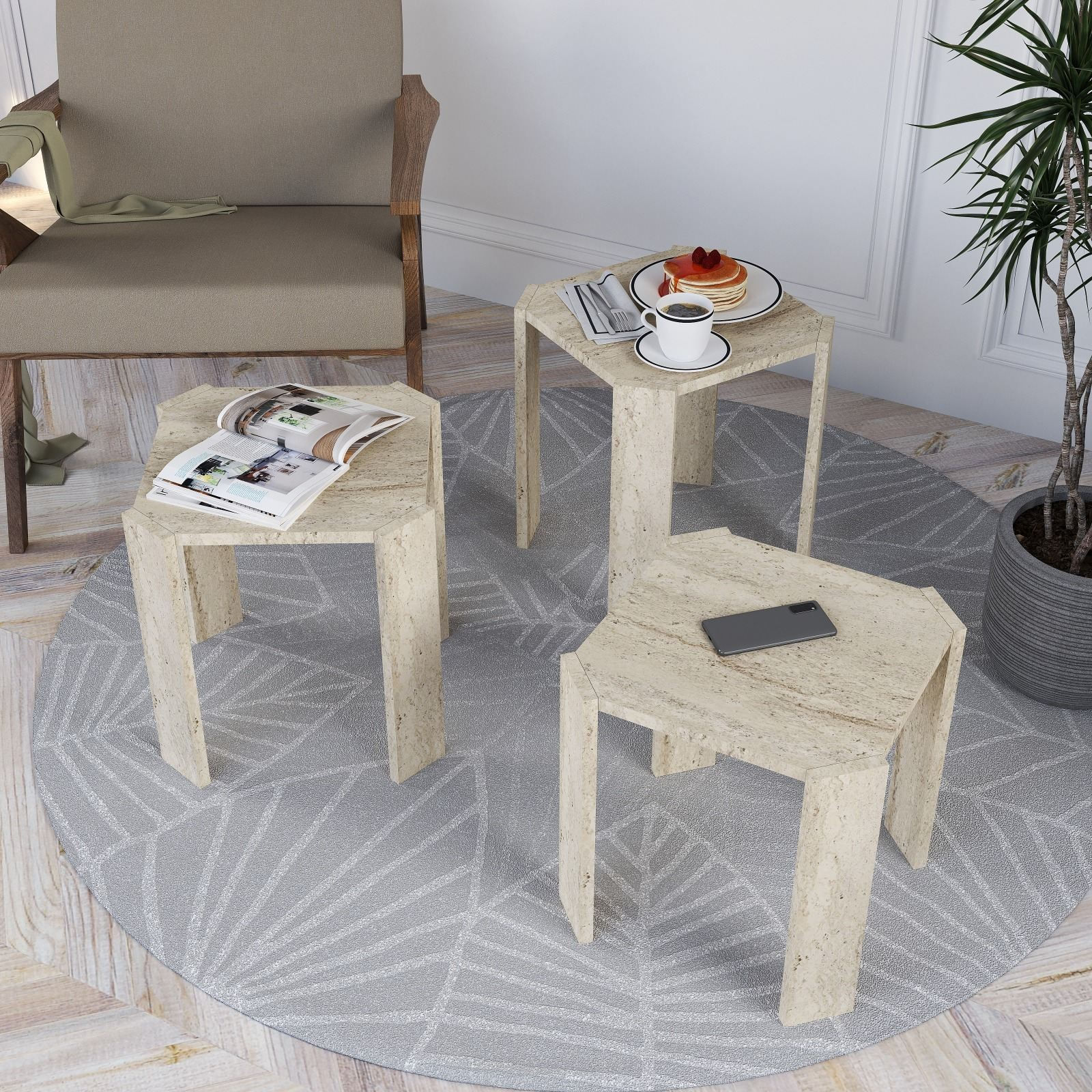 Set masute suprapuse, 3 piese Azra, 38 x 40 x 38 cm, travertin, PAL melaminat — imaginea 5