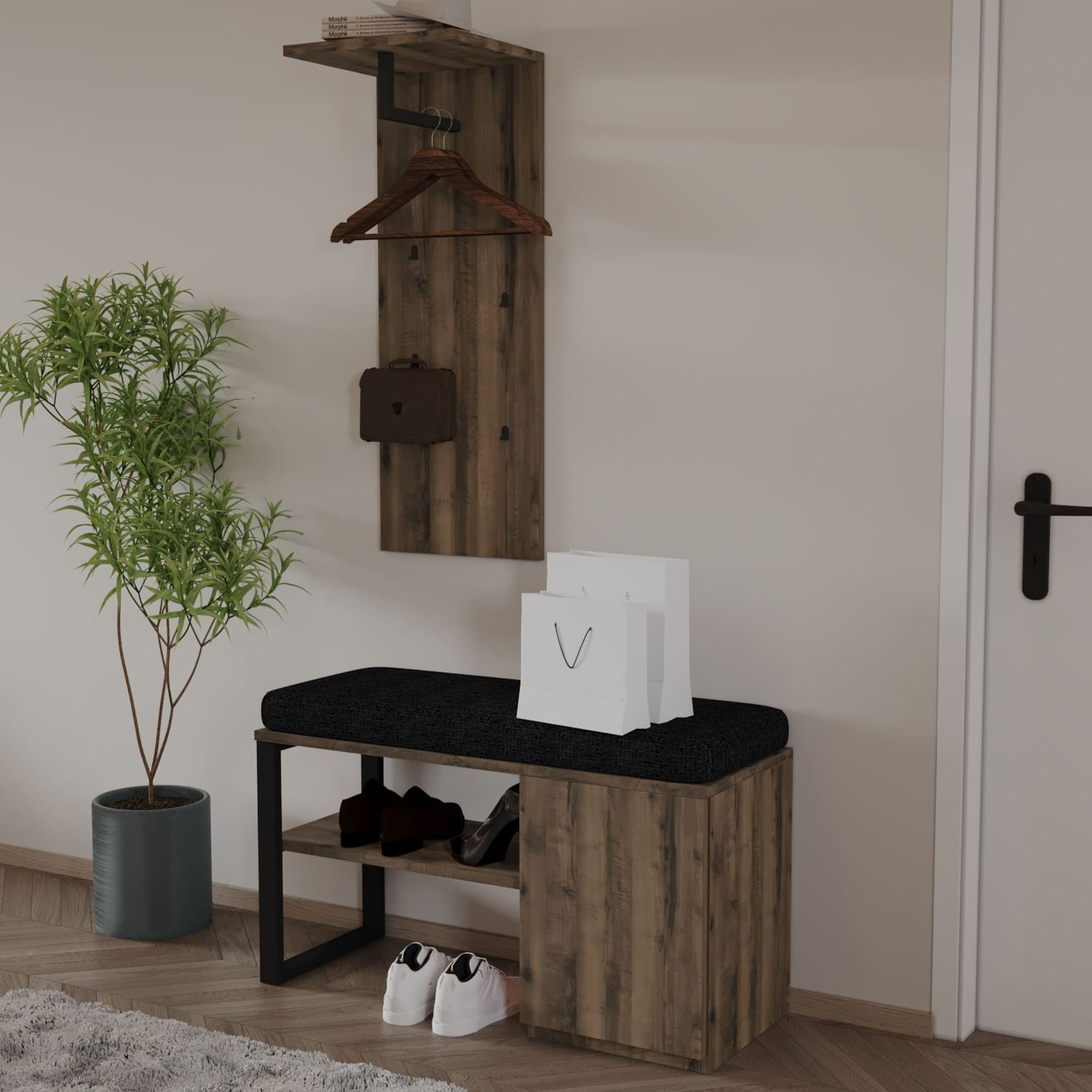 Set mobilier hol Lion, 35 x 90 x 35 cm, nuc antichizat, PAL melaminat, antique nuc — imaginea 4