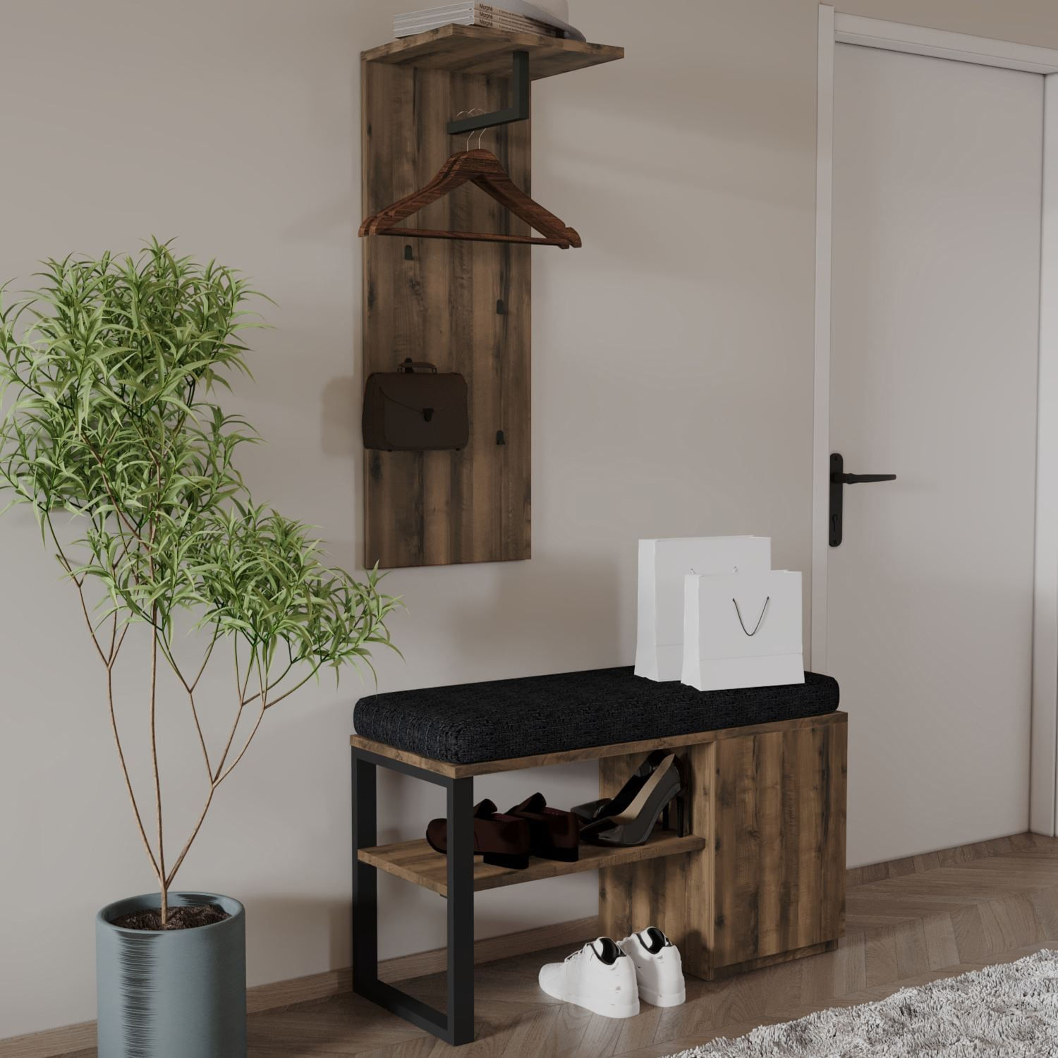 Set mobilier hol Lion, 35 x 90 x 35 cm, nuc antichizat, PAL melaminat, antique nuc — imaginea 5