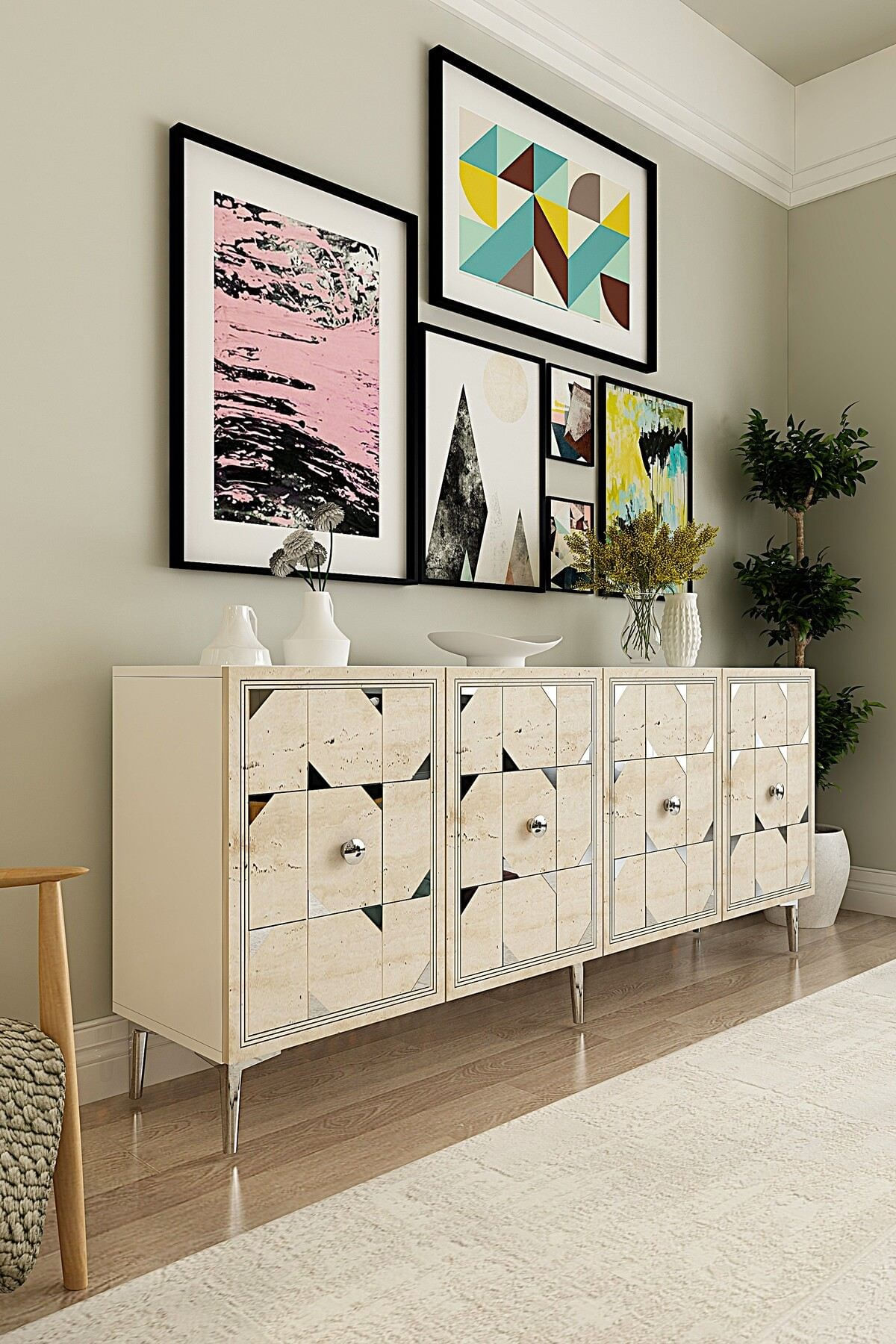 Consola Moka 180, 180 x 75 x 32 cm, alb travertin argintiu, PAL melaminat, oglinda inclusa, alb / travertin / silver — imaginea 3